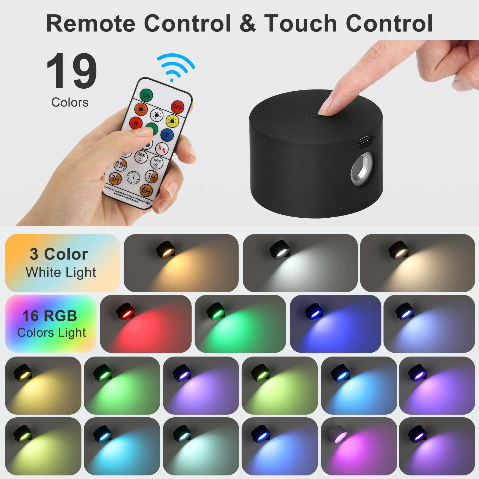 Lightess 2PC LED Wall Sconces, 19 Colors Dimmable Wall Mounted Lamp with Rechargeable Battery Operated USB, 360Rotate Magnetic B