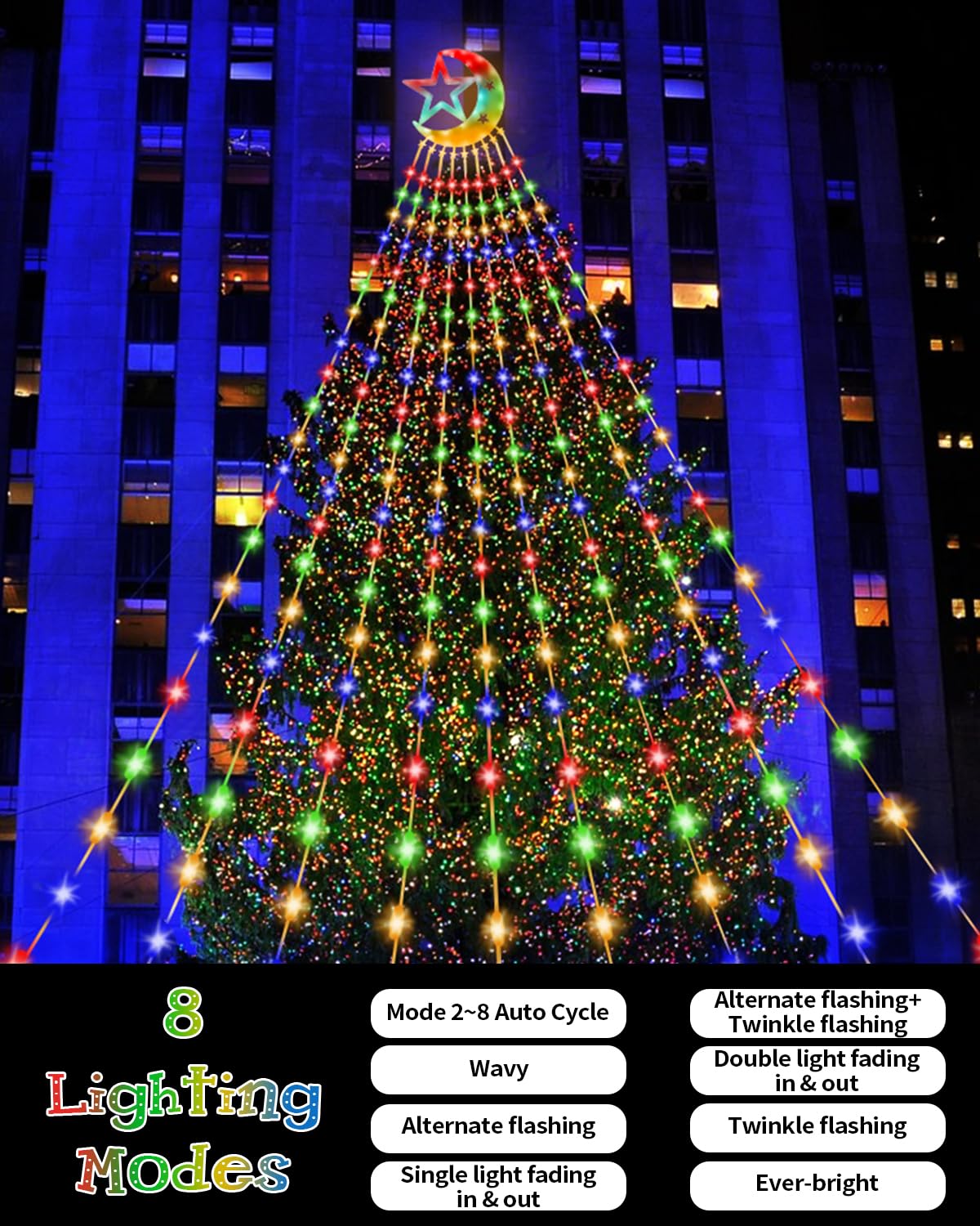 KISPATTI 23FT Outdoor Christmas Lights, 655 LED Multi-color with Star & Moon, 8 Modes for Yard Patio Holiday Decorations