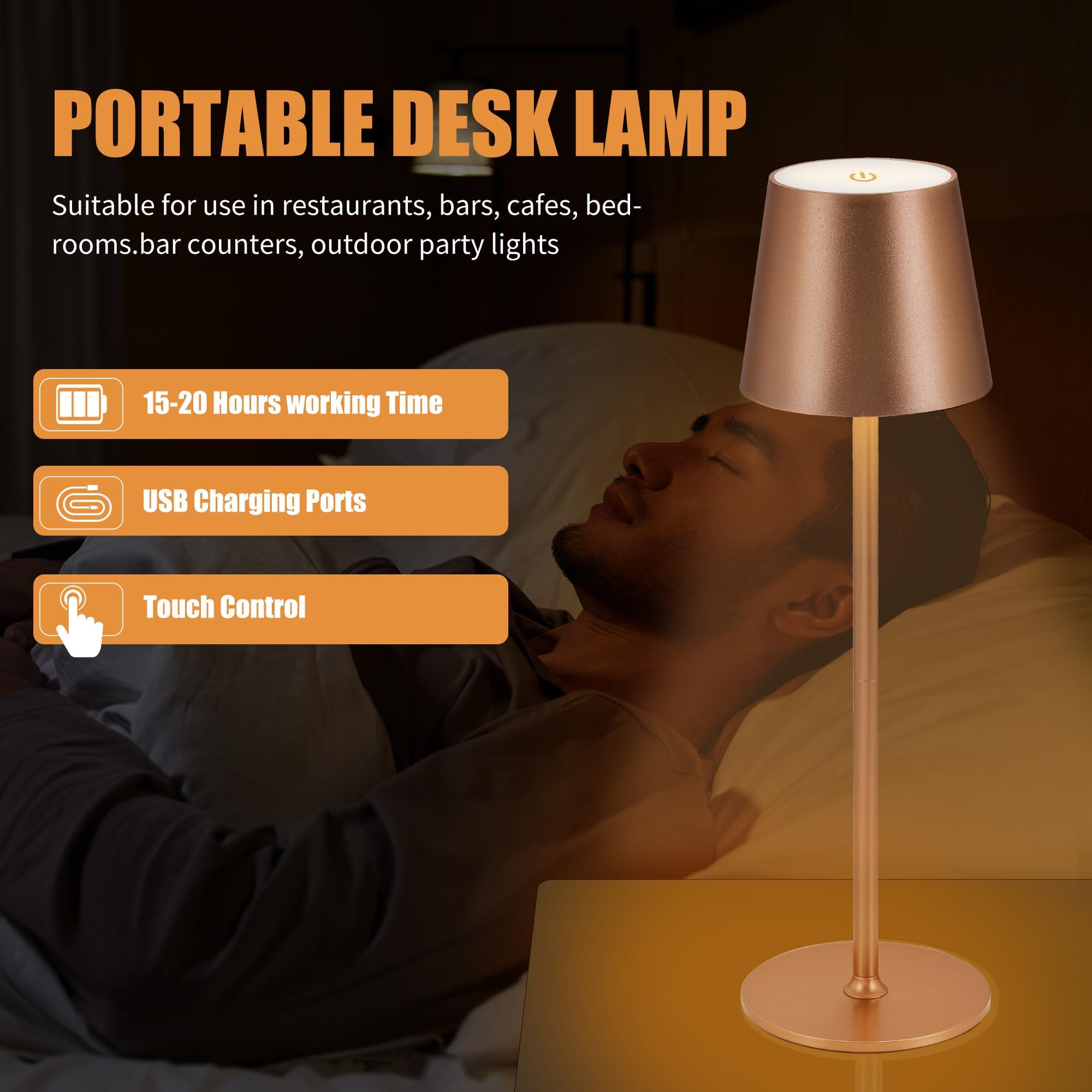 IMQSQIK Cordless Table Lamps 2Pack USB Rechargeable LED Touch Control Metal Brown Ue566-2pcsBrown