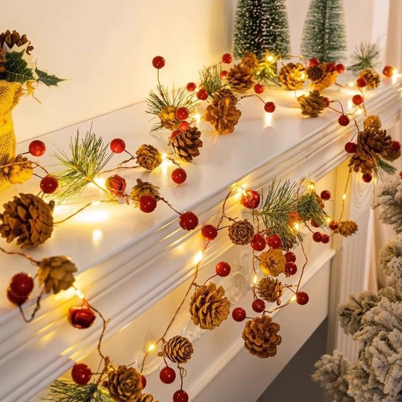 Brightown Christmas Pine Cone String Lights, 30 Led Battery Operated Garland String Lights With Red Berry Pine Cone Pine Needles Bells Fairy String Lights For Indoor Outdoor Christmas Decorations