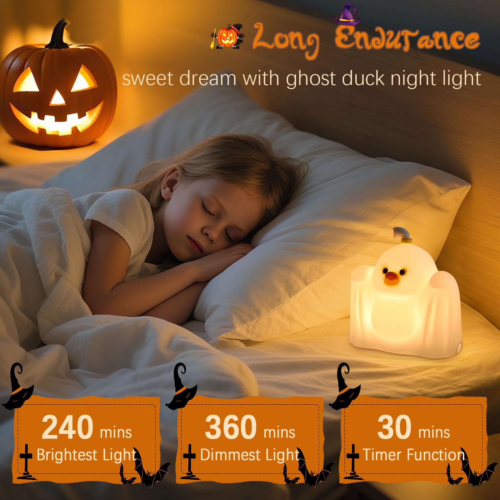 YR YRHH-PET Ghost Duck Night Light - Rechargeable Dimmable Silicone Lamp for Kids, Halloween Decor, Model A062