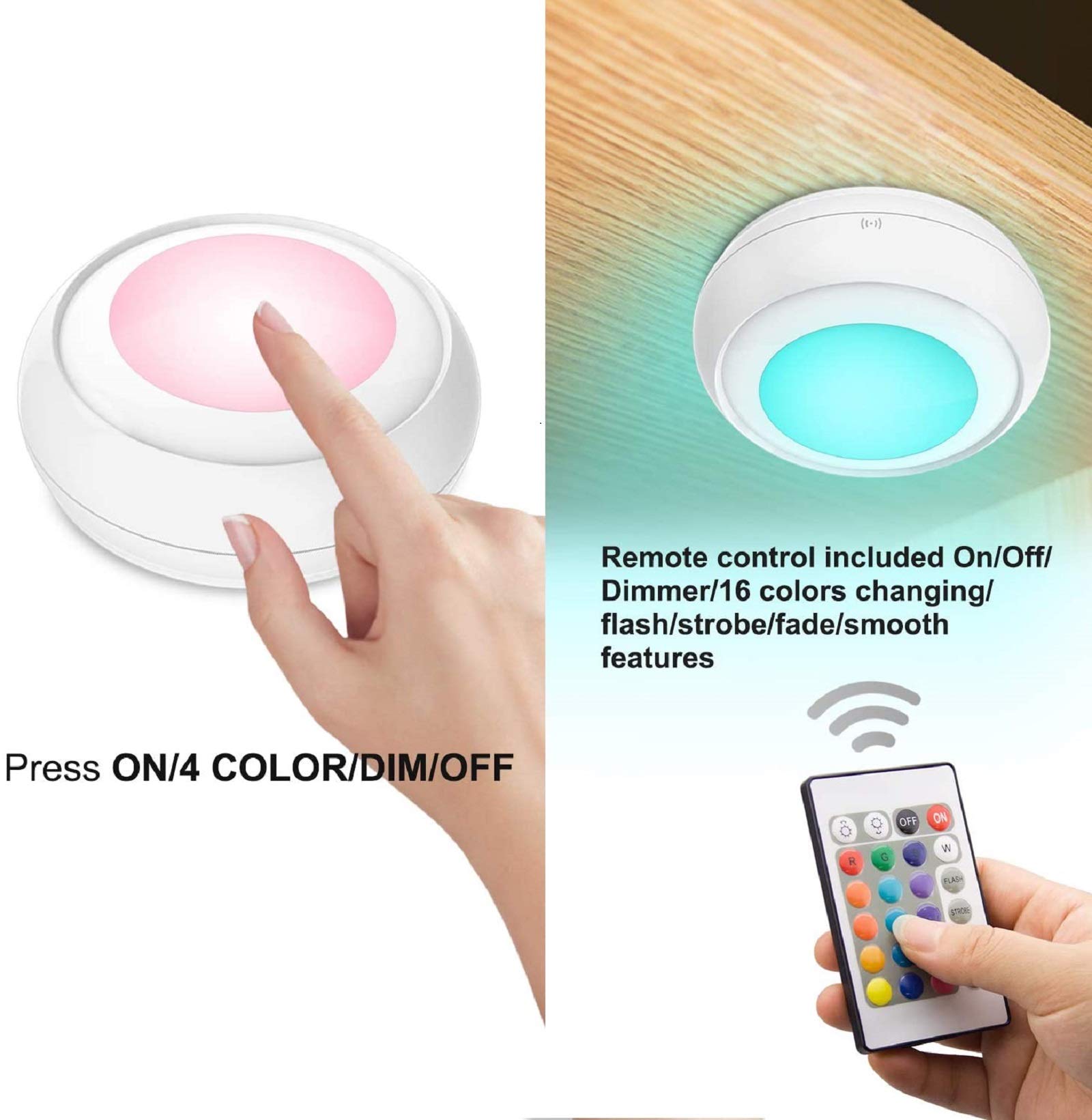 LUXSWAYWAY Battery LED Puck Lights with Remote, 16 Color Changing, Wireless Tap Dimmable, Model DY38IR-16C-4+2, RGB - 4 Pack