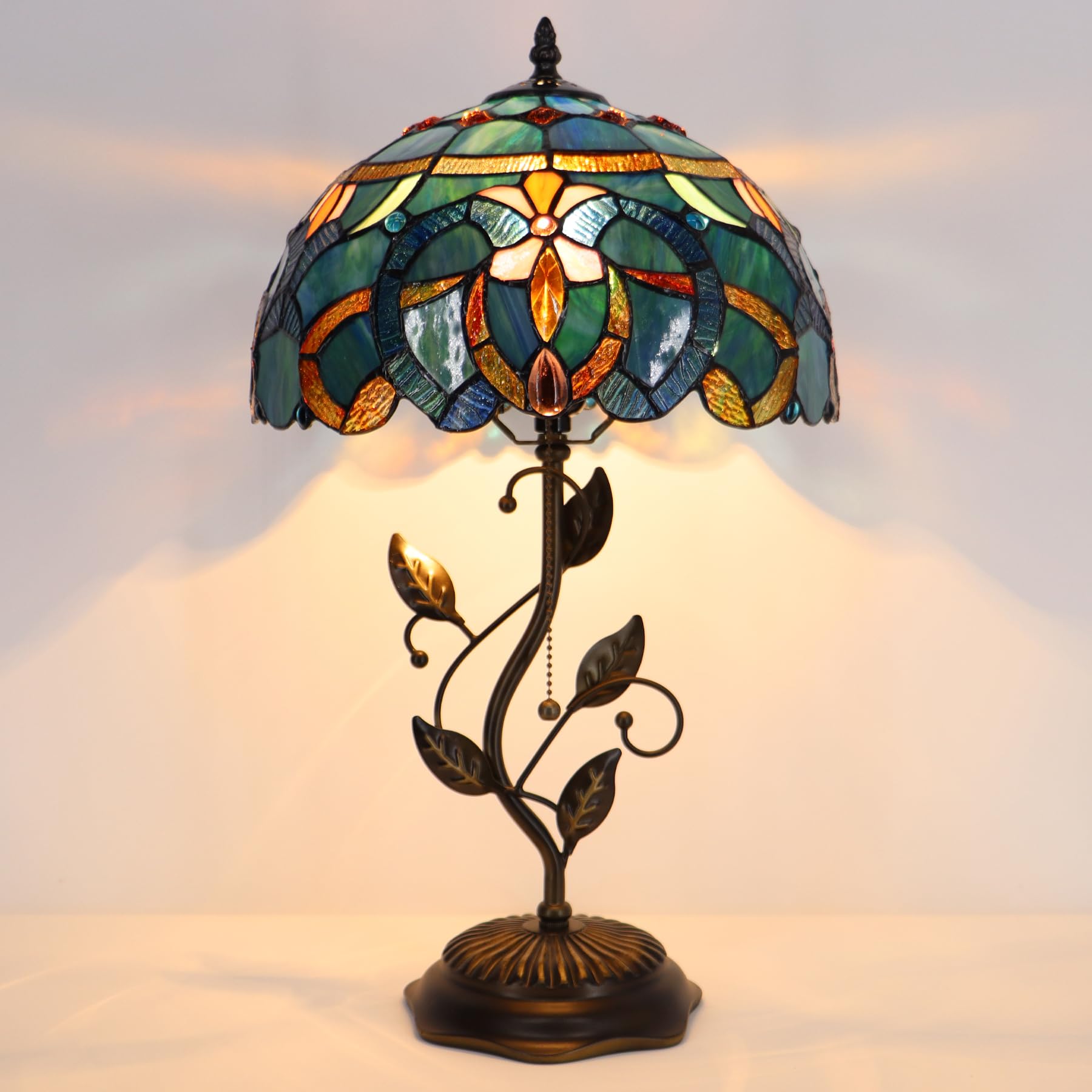Lxhcyou Tiffany Table Lamp, Stained Glass Desk Light, W12H19 Inch, Metal Leaf Base (Blue Baroque Style)