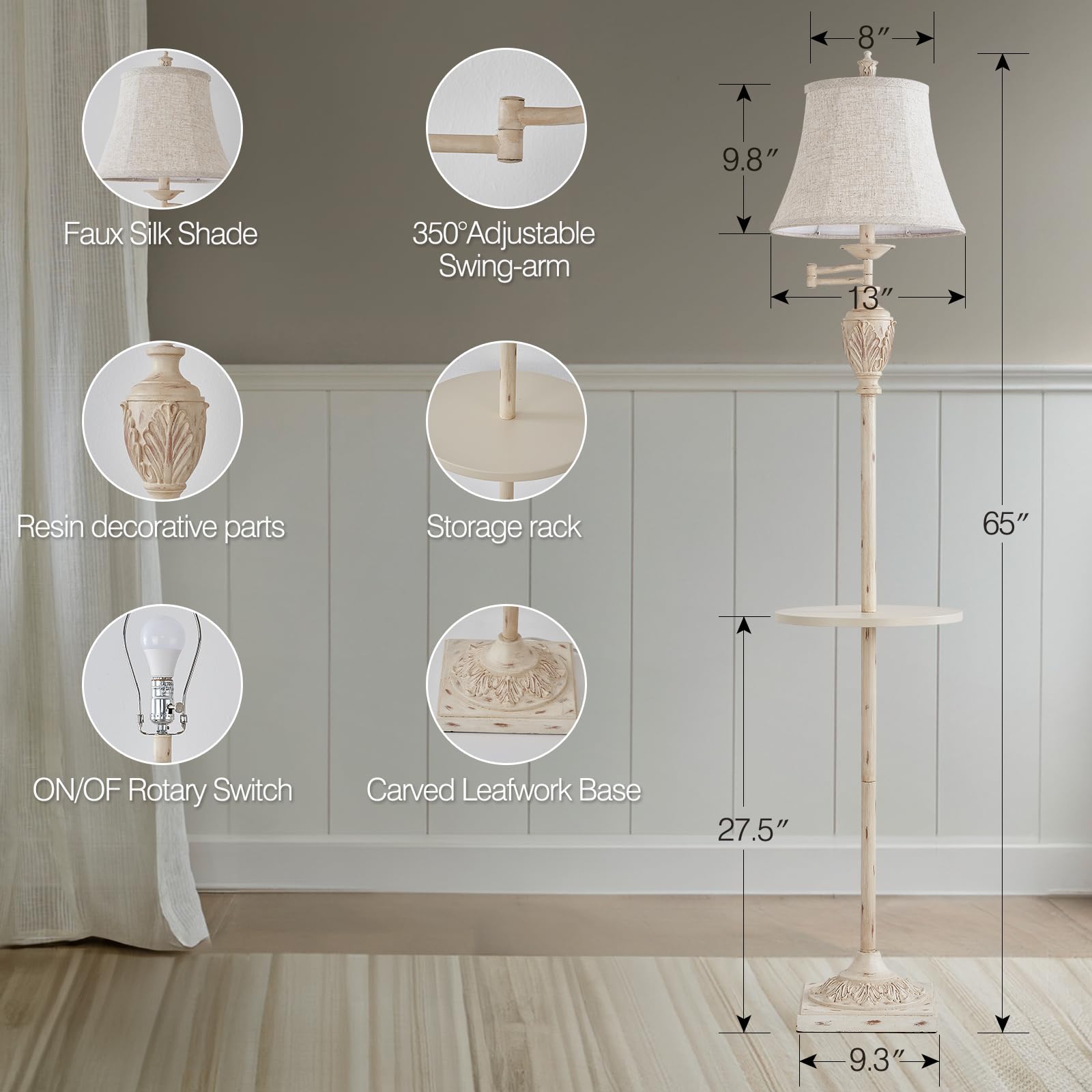 AIDENOEY Traditional LED Floor Lamp – 350° Adjustable Swing Arm – Metal, White-1, Model HYFLOOR006