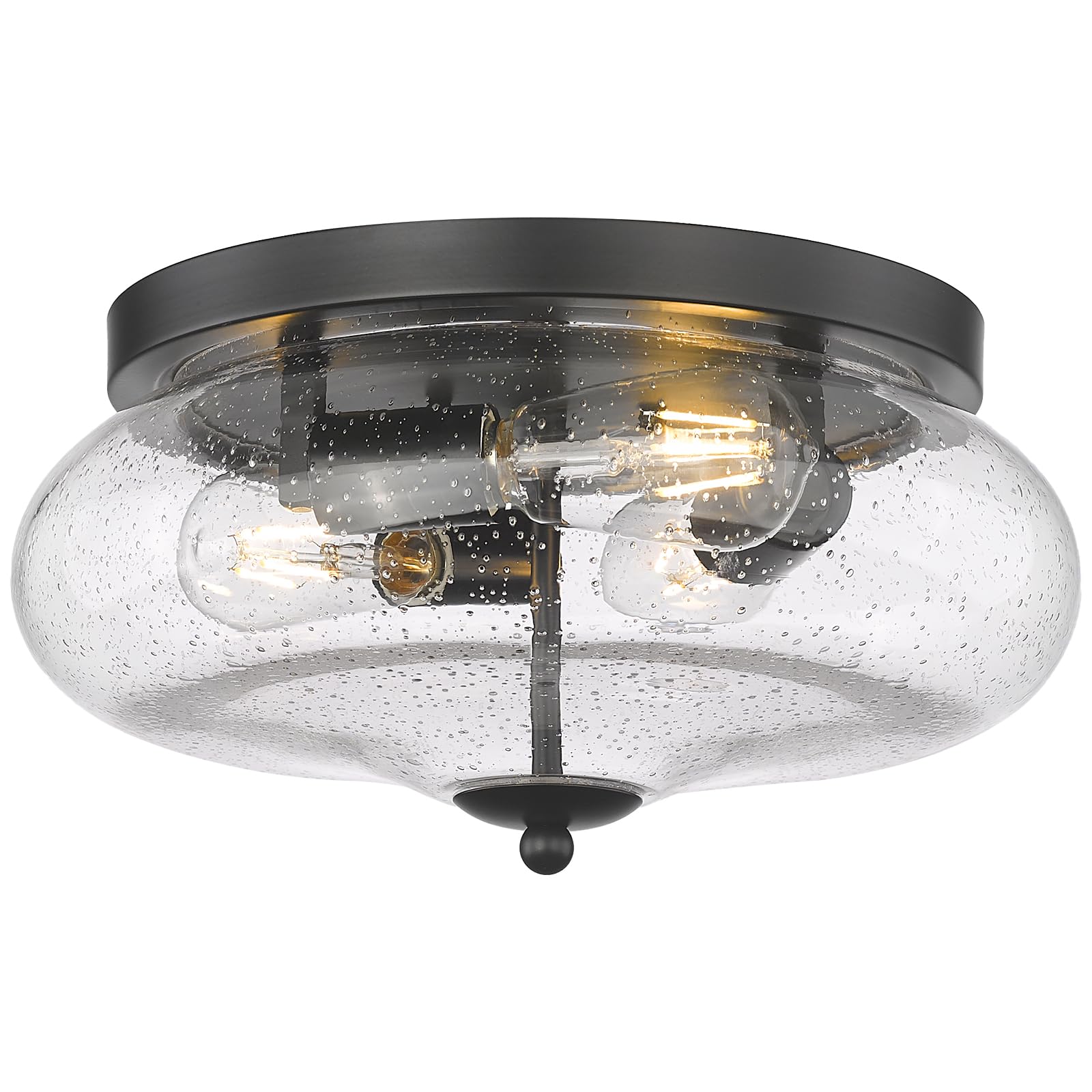 Darkaway Ceiling Light Fixture, 3-Light Flush Mount, Seeded Glass Shade, 13.38in, Black, Model 6T1F, Indoor/Outdoor Use