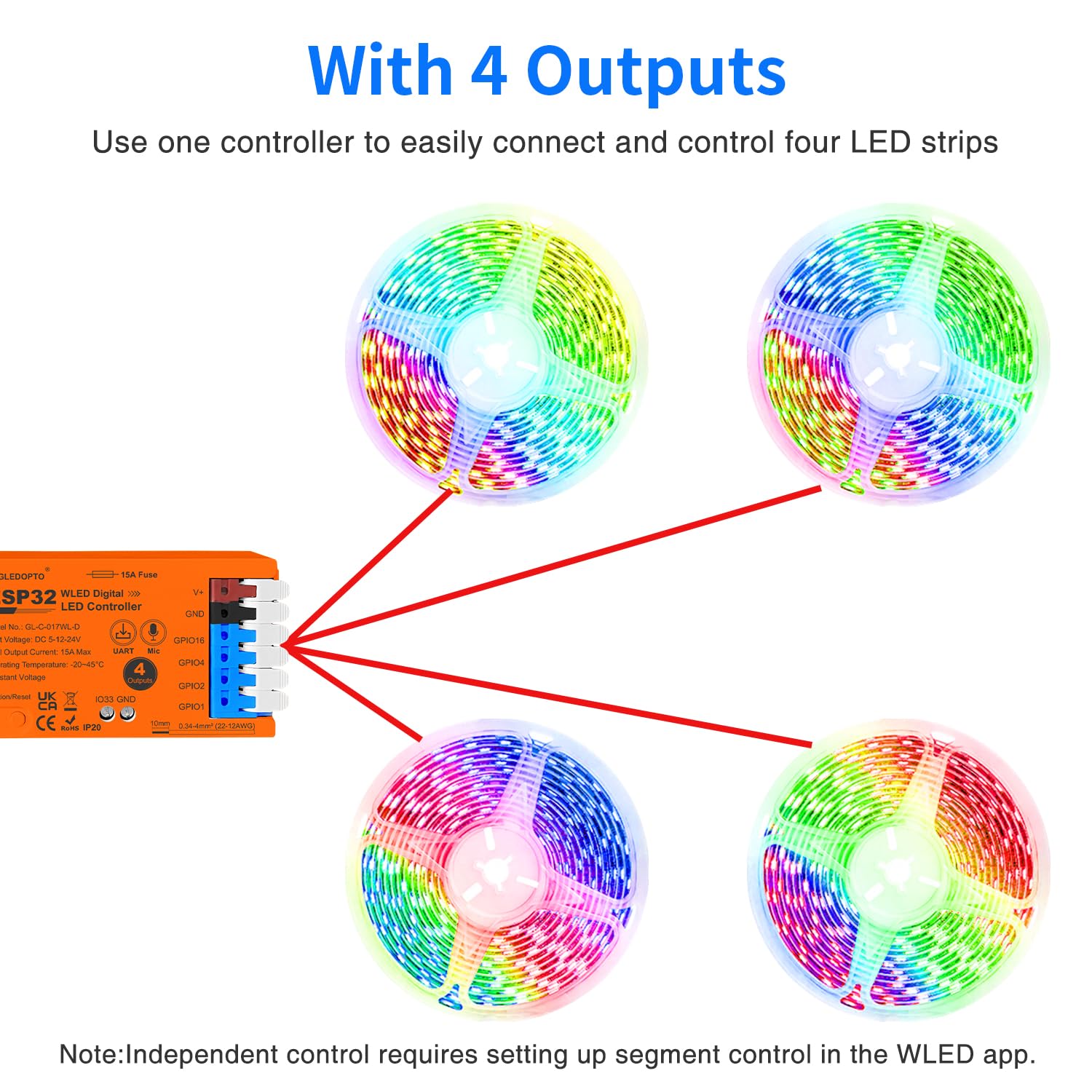 Sogledwow ESP32 WLED LED Strip Light Controller 4 Channel 15A Orange - DIY Voice Control for WS2811 WS2812 WS2815 SK6812