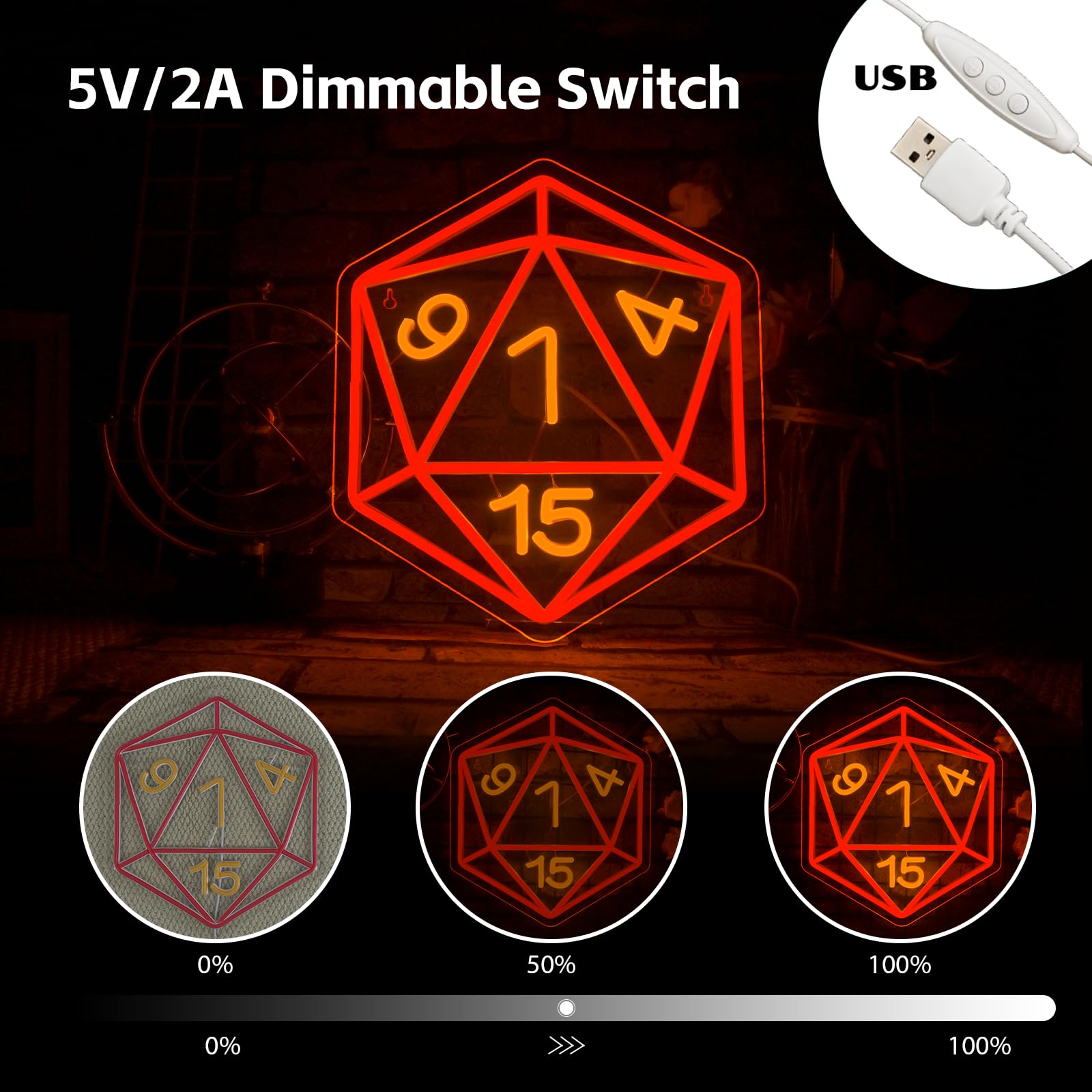 Looklight DND Dice Neon Sign - Dimmable LED Wall Decor for Tabletop Gaming, 11.41inx12.99in, Colorful-A-Dice, Plastic