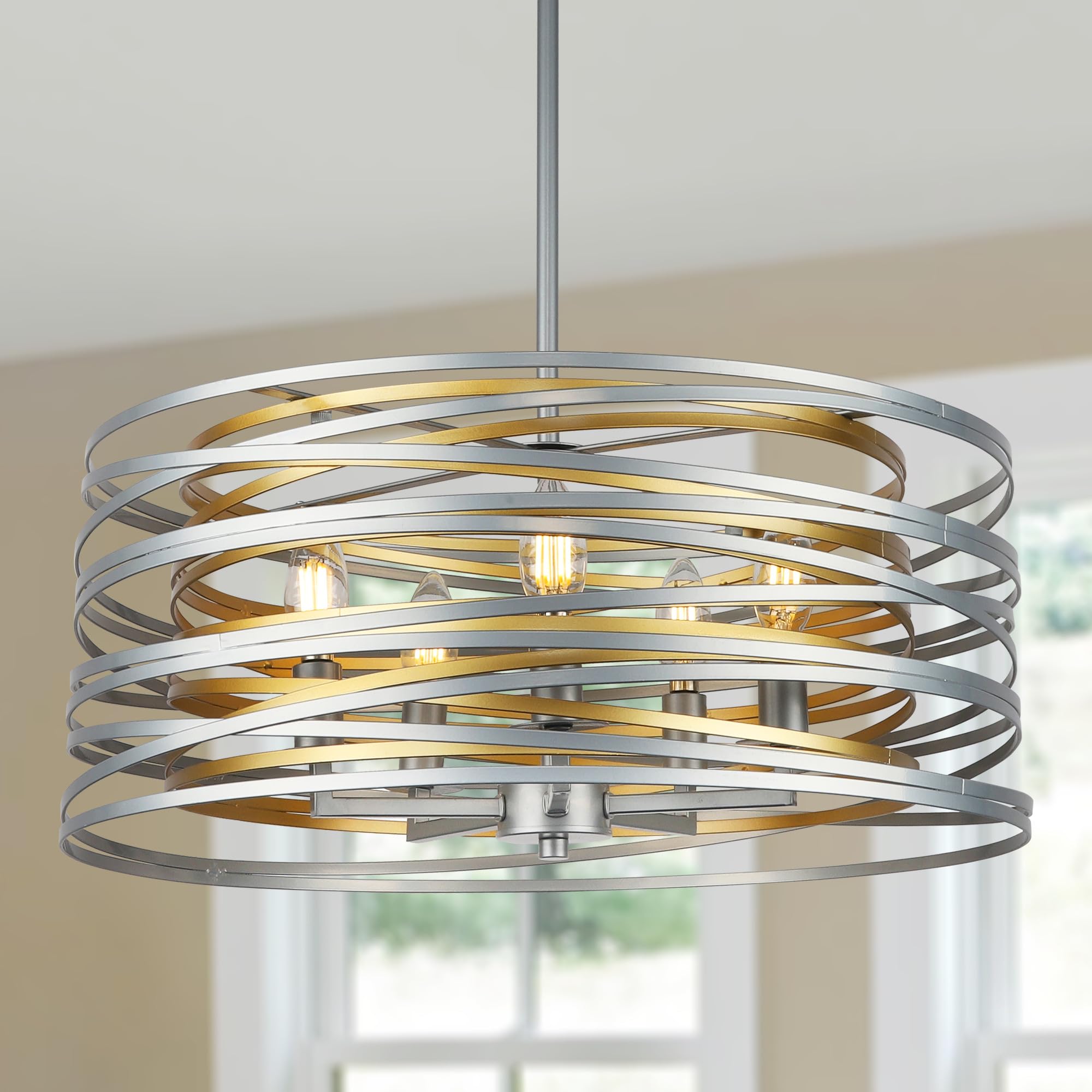 ACNKTZ 19.7'' Double Round Metal Chandelier, 5-Light Modern Farmhouse Dining Room Lights Over Table, Gold Chandelier for Hallway