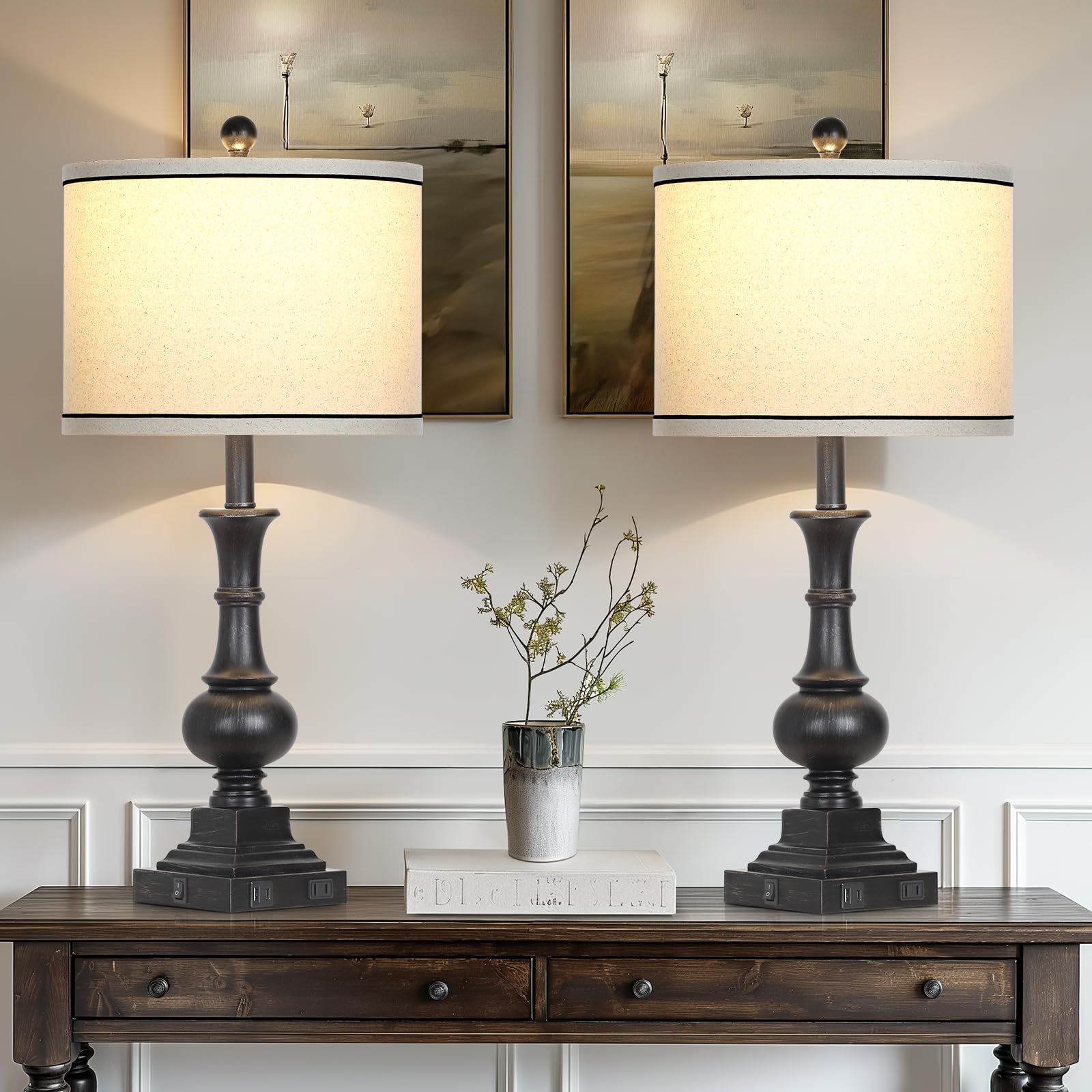 Farmhouse Lamps Set Of 2, Antique Vintage Rustic Touch Control Table Lamps With Usb A+C Ports & Ac Outlet, Retro Classic Bedside