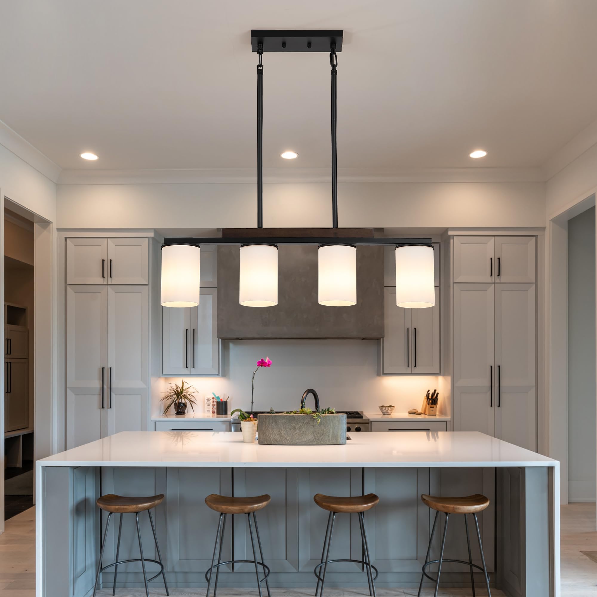 Mecgirn 4 Light Linear Chandelier - Black Pendant Light with Milk Glass Shade for Dining Room & Kitchen Island, Model D0016-4-M