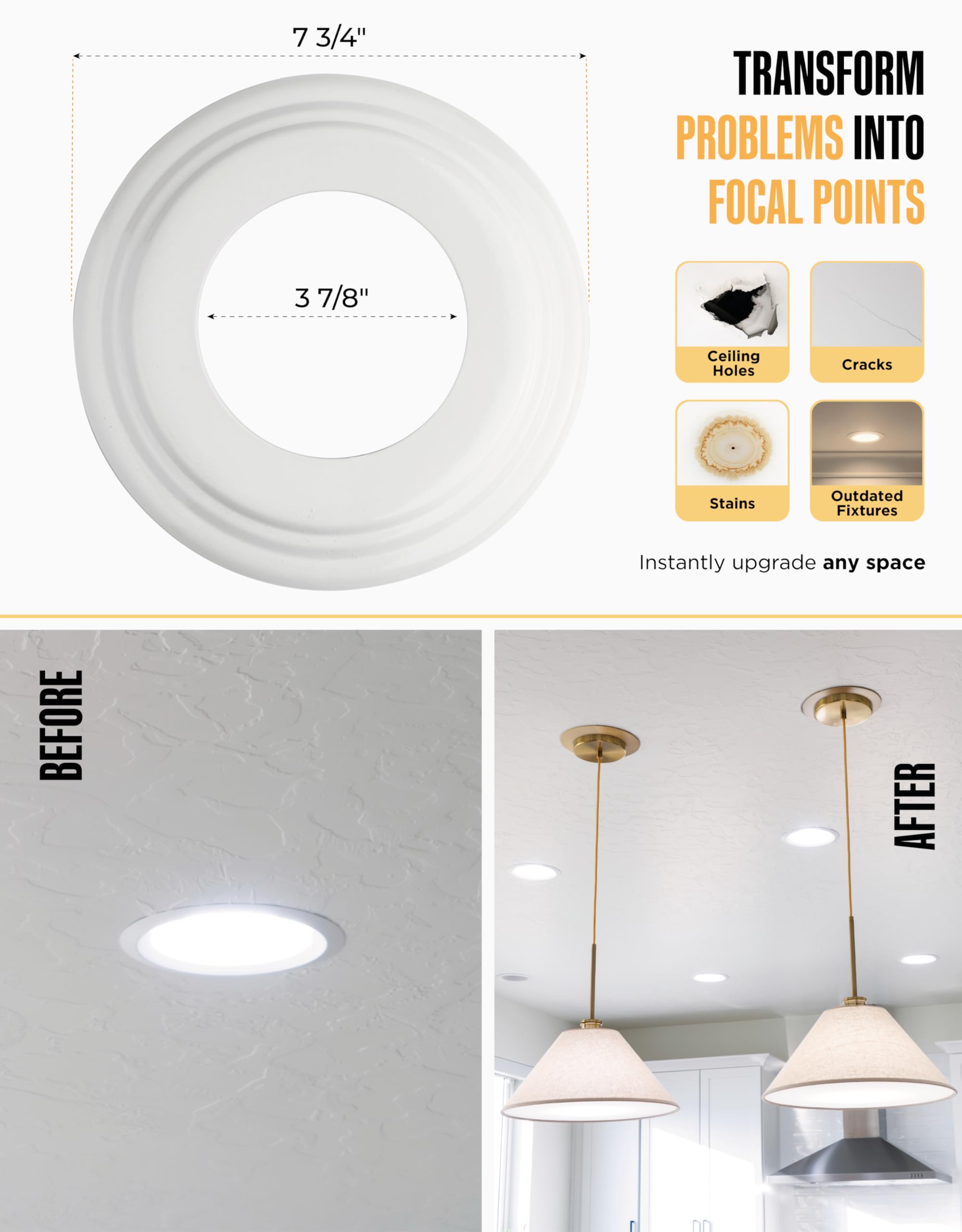 The Can Converter - R56, Complete Recessed Can Light Conversion Kit, For Ceiling Light Fixture, Pendant Light, Hanging Light, Ceiling Fan, With 7’¾ Beveled & Flat, Steel, Ceiling Medallion, White