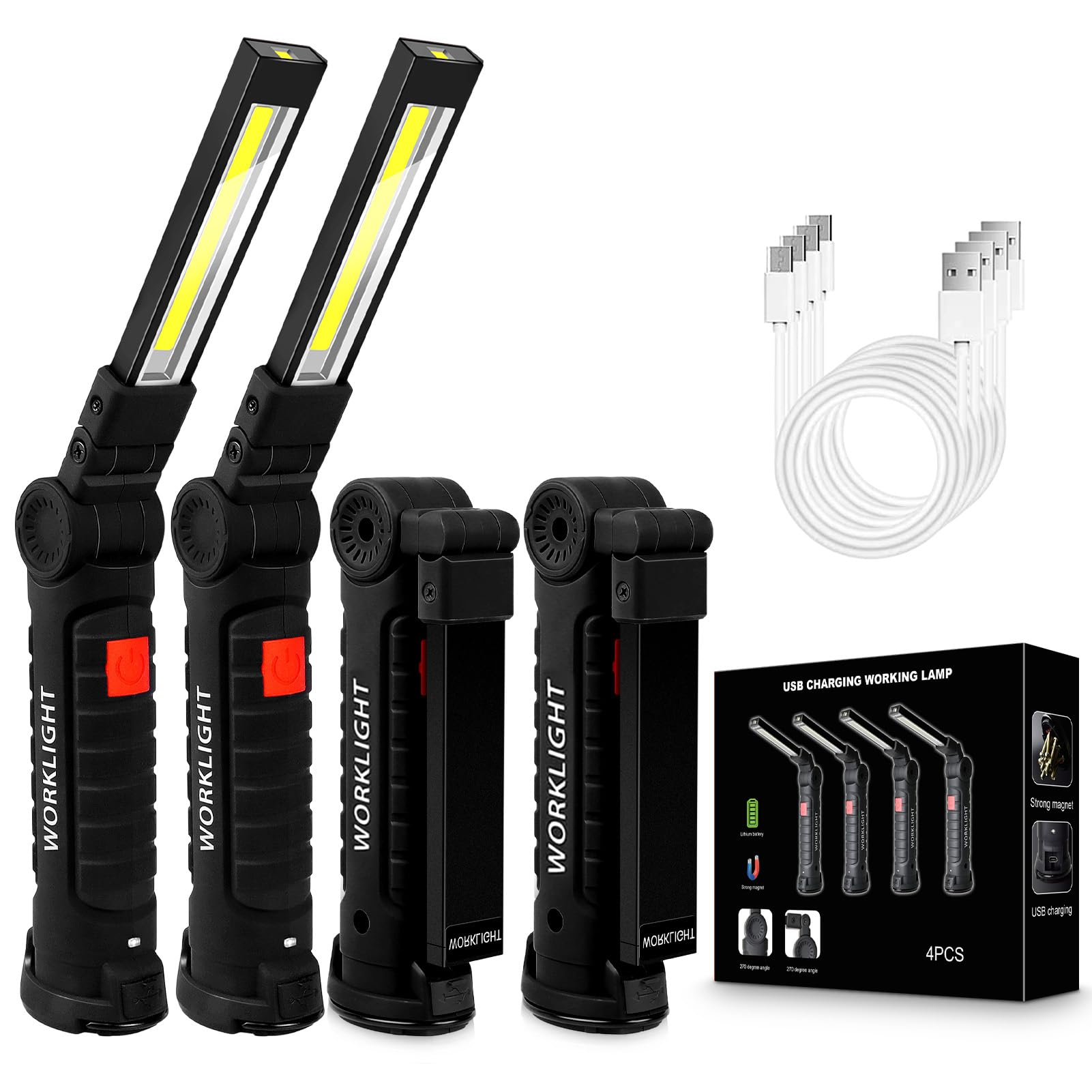 4Pack LED Work Lights, USB Rechargeable COB Light with Magnetic Base 360Rotate and 5 Modes, Folding Flashlight Inspection Light
