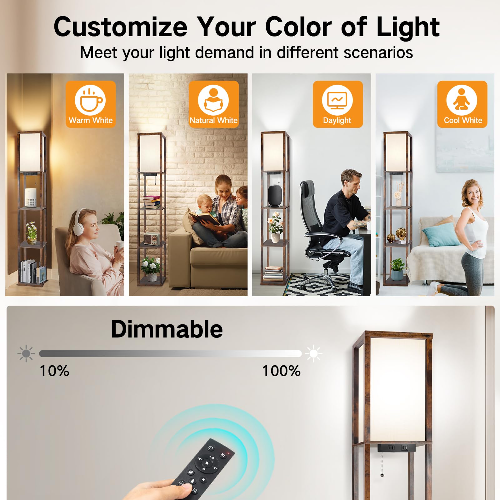 OUTON Floor Lamp with Shelves, Dimmable, Remote, USB & Type C Ports, Power Outlet, Vintage Color