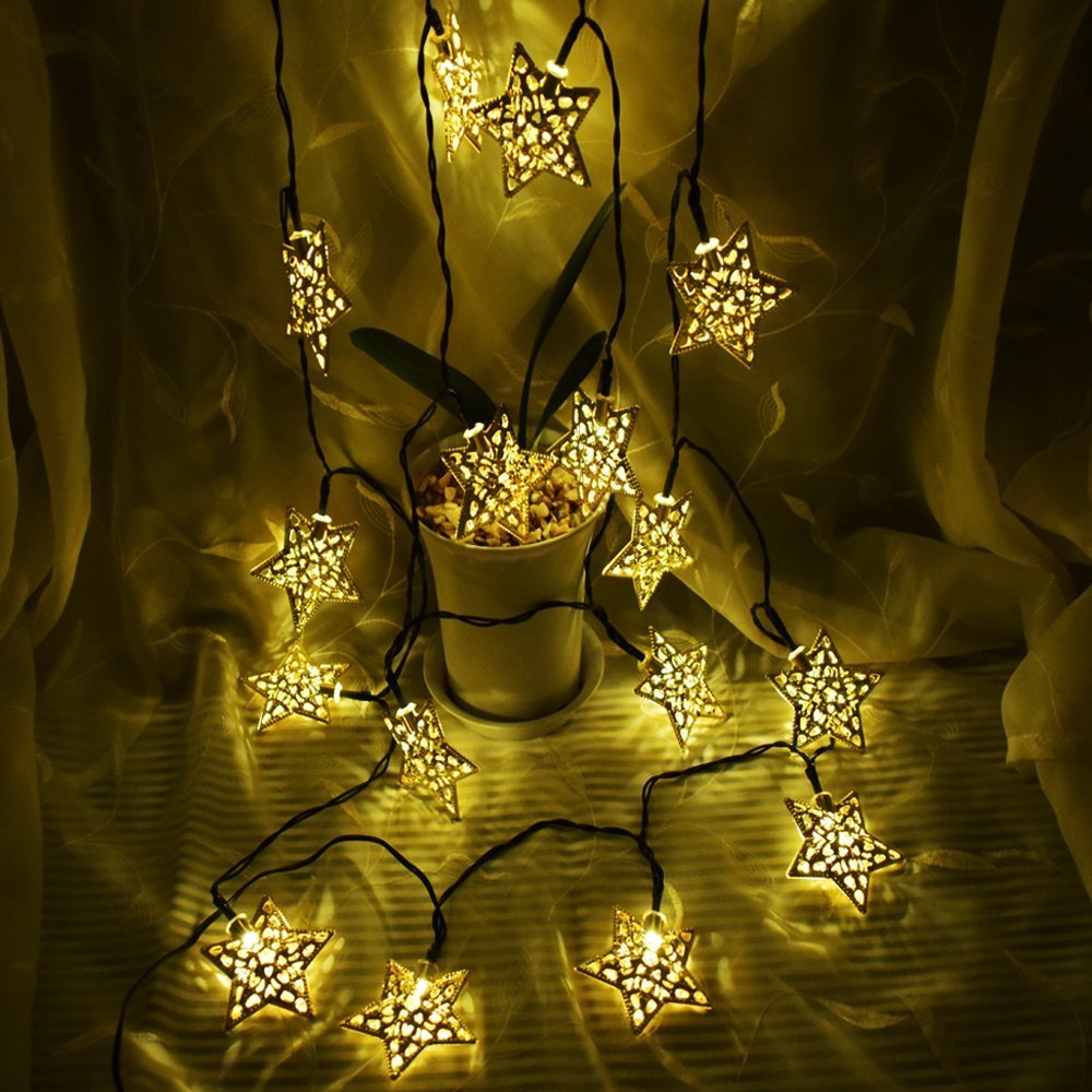 Hann Solar LED Star String Lights, 12ft, 20 Warm White LEDs, Gold, Model HA-001, for Garden, Home, Halloween, Christmas, Wedding Decor