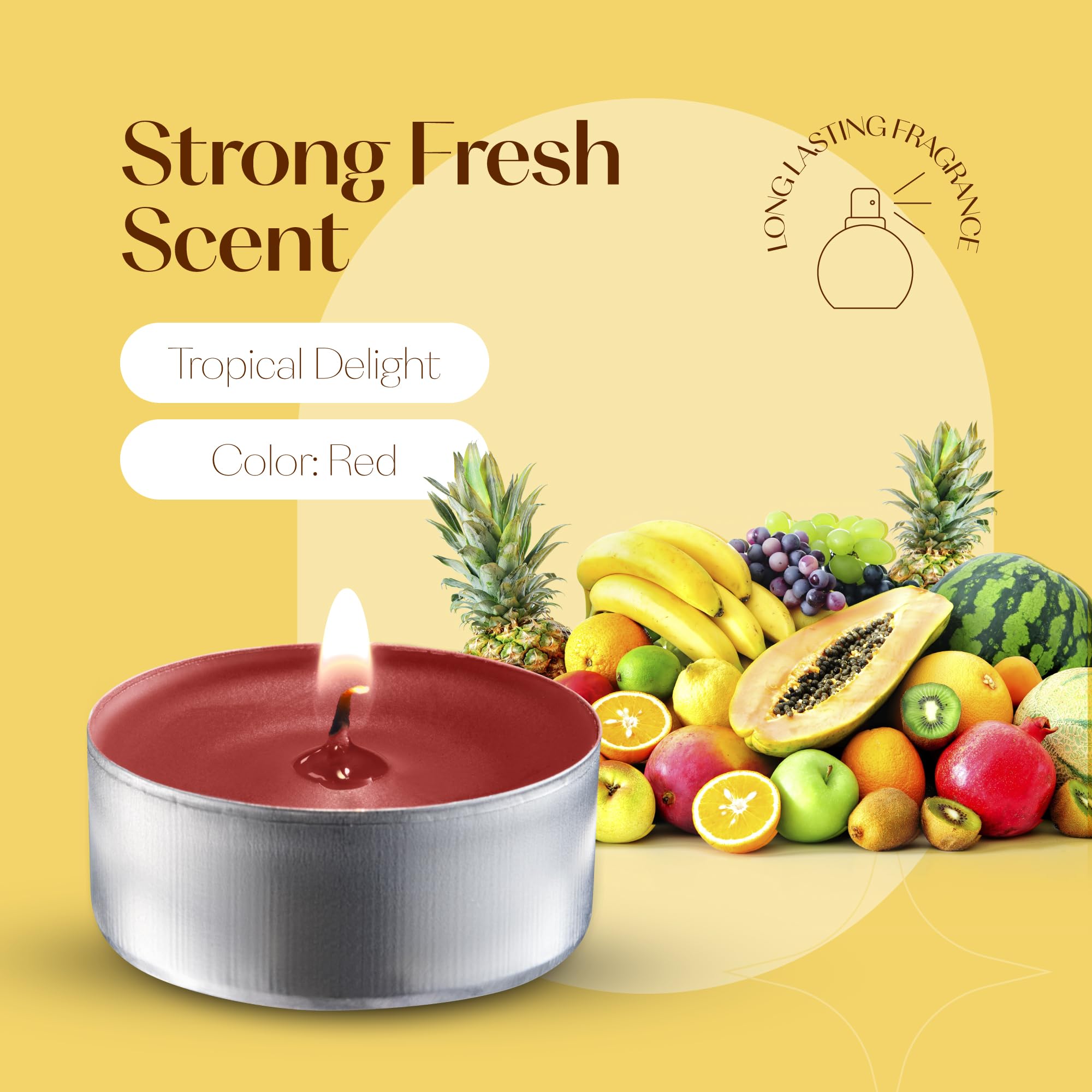 Red Scented Tealight Candles - Pack Of 12 Red Tea Lights Candles With Long Lasting Aromas - Tropical Delight Fragranced Red Tealight Candles - 4 Hour Burn Time