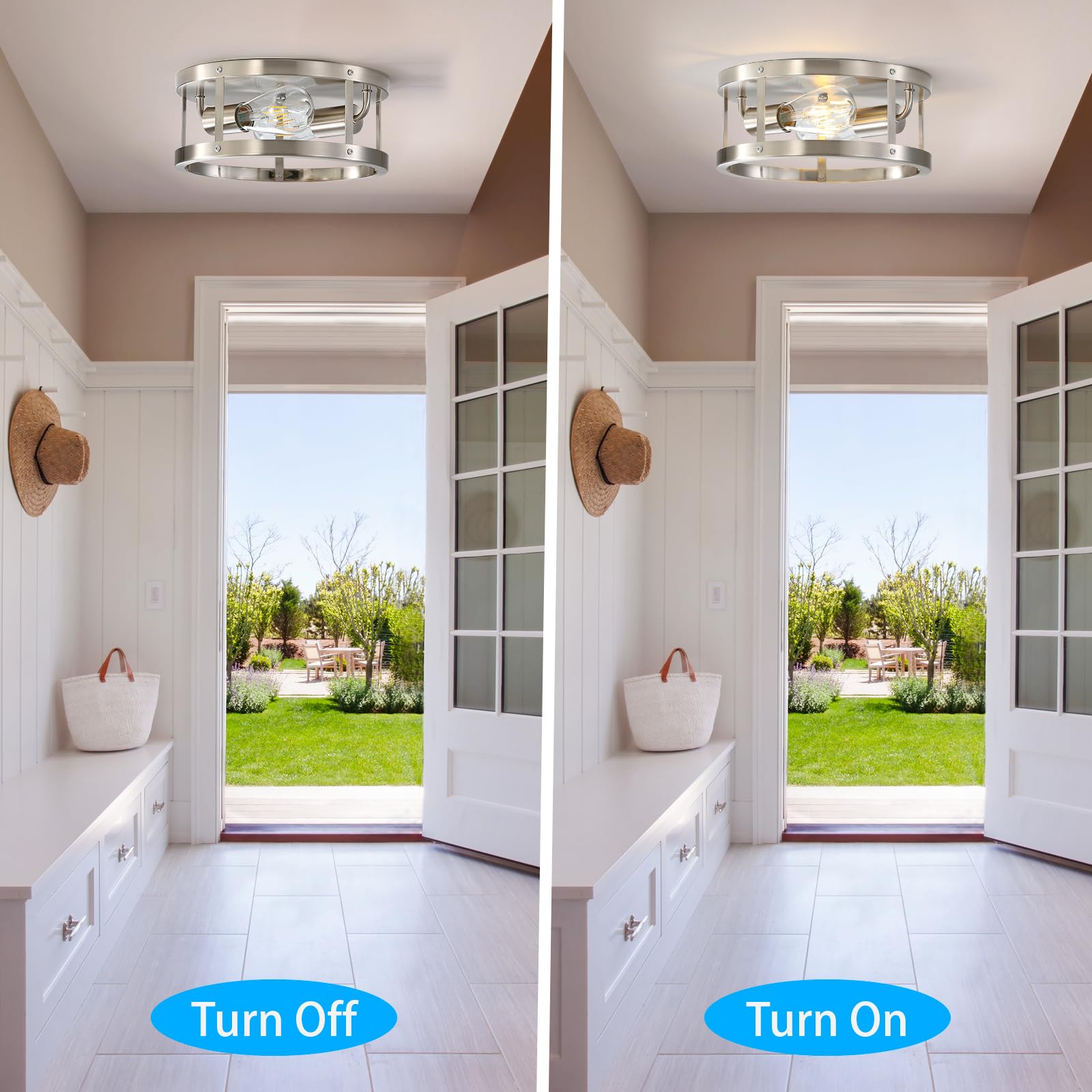 Eietonte Farmhouse Semi Flush Mount Ceiling Light, Brushed Nickel 11 Inch 2-Light Metal Cage Light Fixture Ceiling Mount, Indust