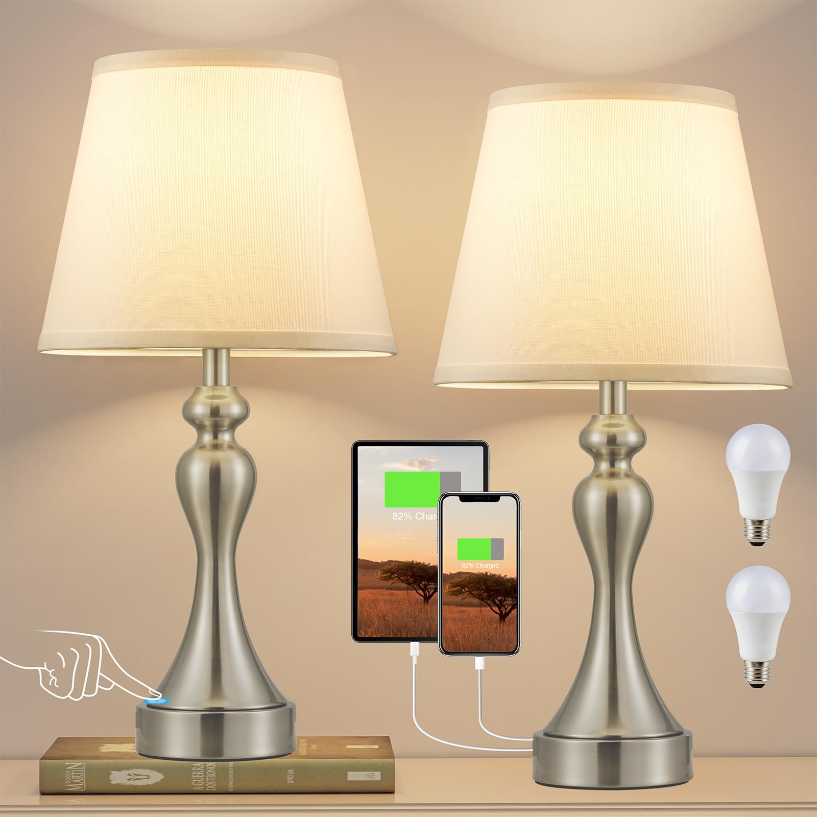 Seealle Touch Lamps for Night Stands - Bedside Lamps Set of 2, 3 Way Dimmable, USB C+A for Bedroom & End Tables (White&Nickel)