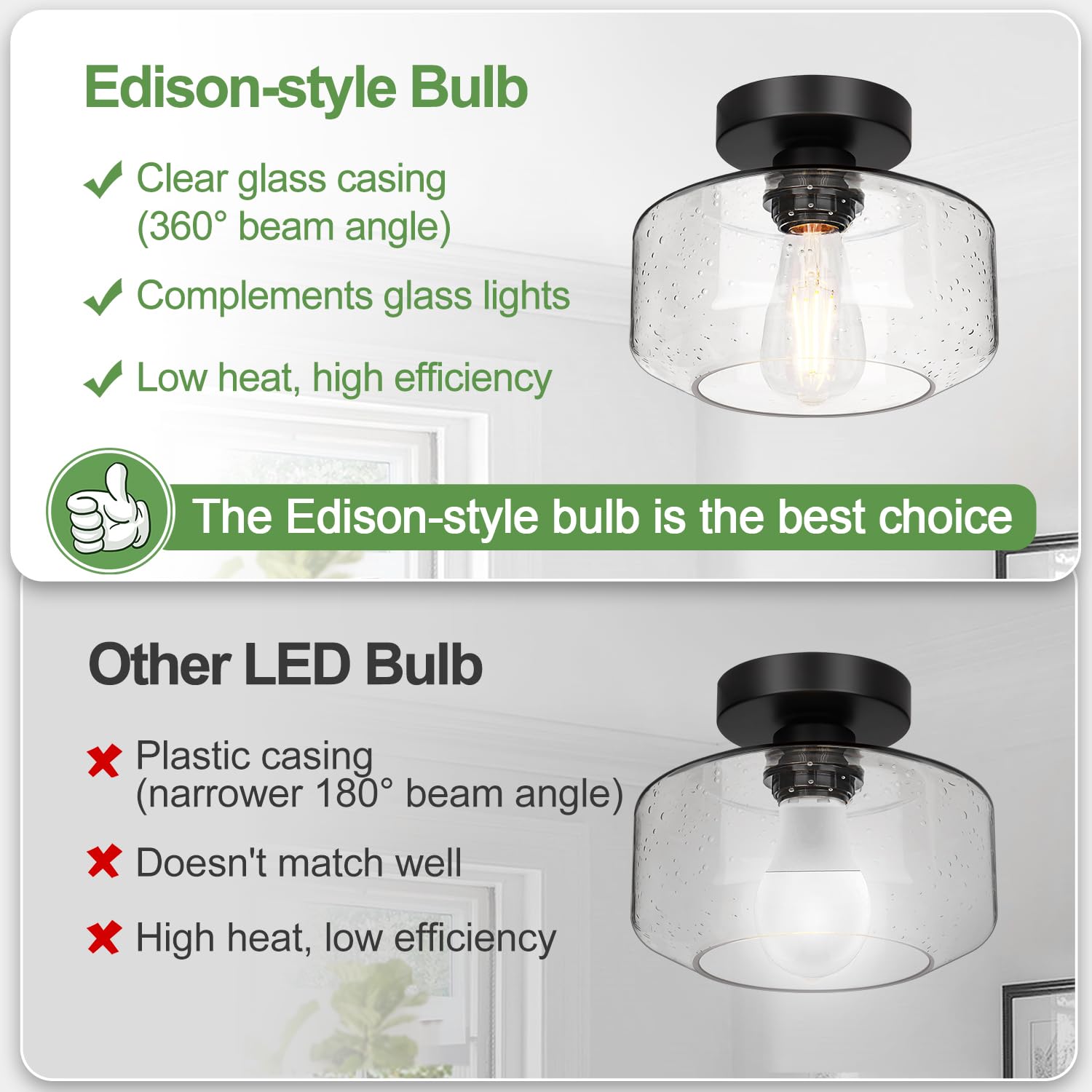 Lynnoland Industrial Semi Flush Mount Ceiling Light, 800 Lumen LED, Seeded Glass Shade, Model N1900CL03