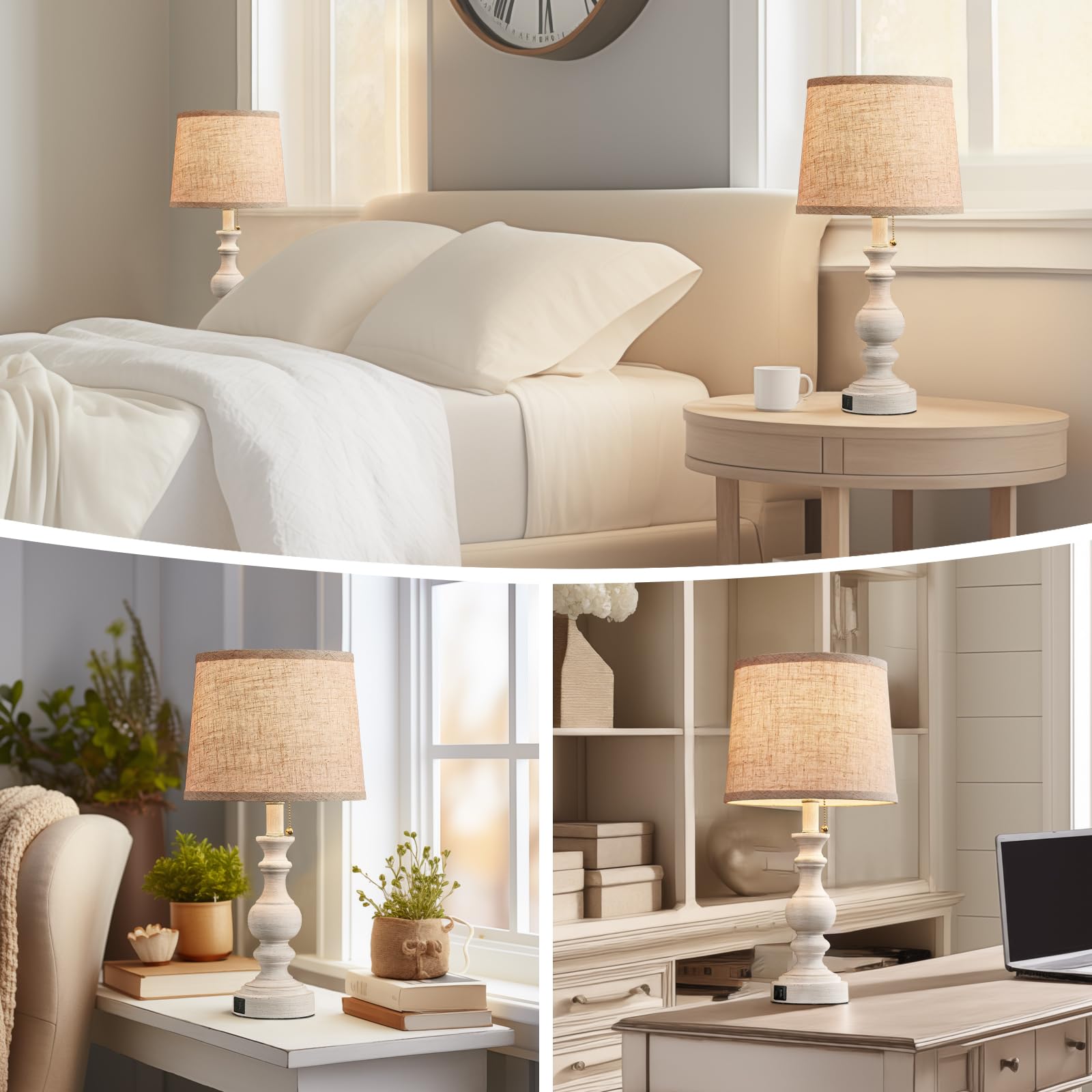 Farmhouse Table Lamps For Bedroom Set Of 2 Bedside Lamps For Nightstand With Usb C+A Charging Ports Traditional Side Table Lamps