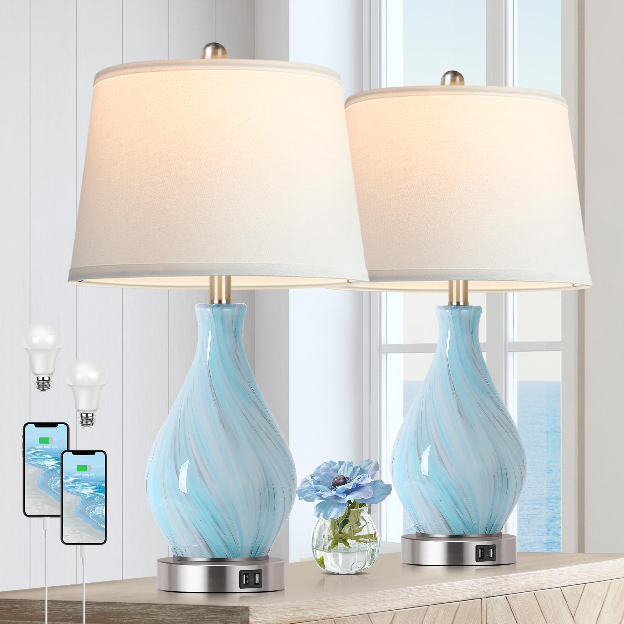 PARTPHONER Modern Accent Table Lamp Set of 2, 22in Touch Control, Faded Swirl Blue Gray Glass, Dimmable with USB Ports