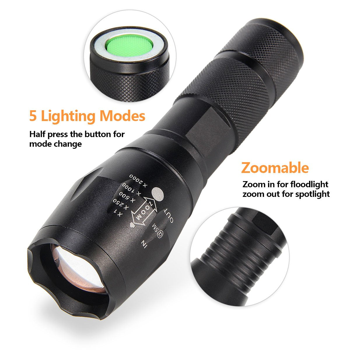 ULTRAFIRE A100 2 Pack LED Flashlight, 800 Lumen, 3 Color Modes, Zoomable, Aluminum, Black