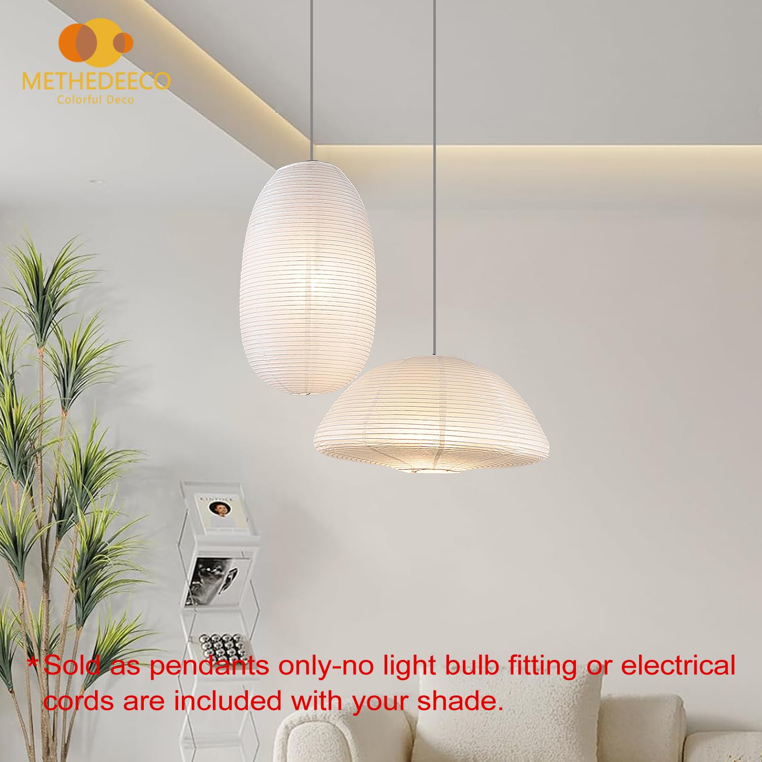 METHEDEECO White Paper Lanterns - 2PCS Large Hanging Shades, 19+21inch, Rice Paper, Semicircular & Elliptical Design, Perfect for Indoor Decor