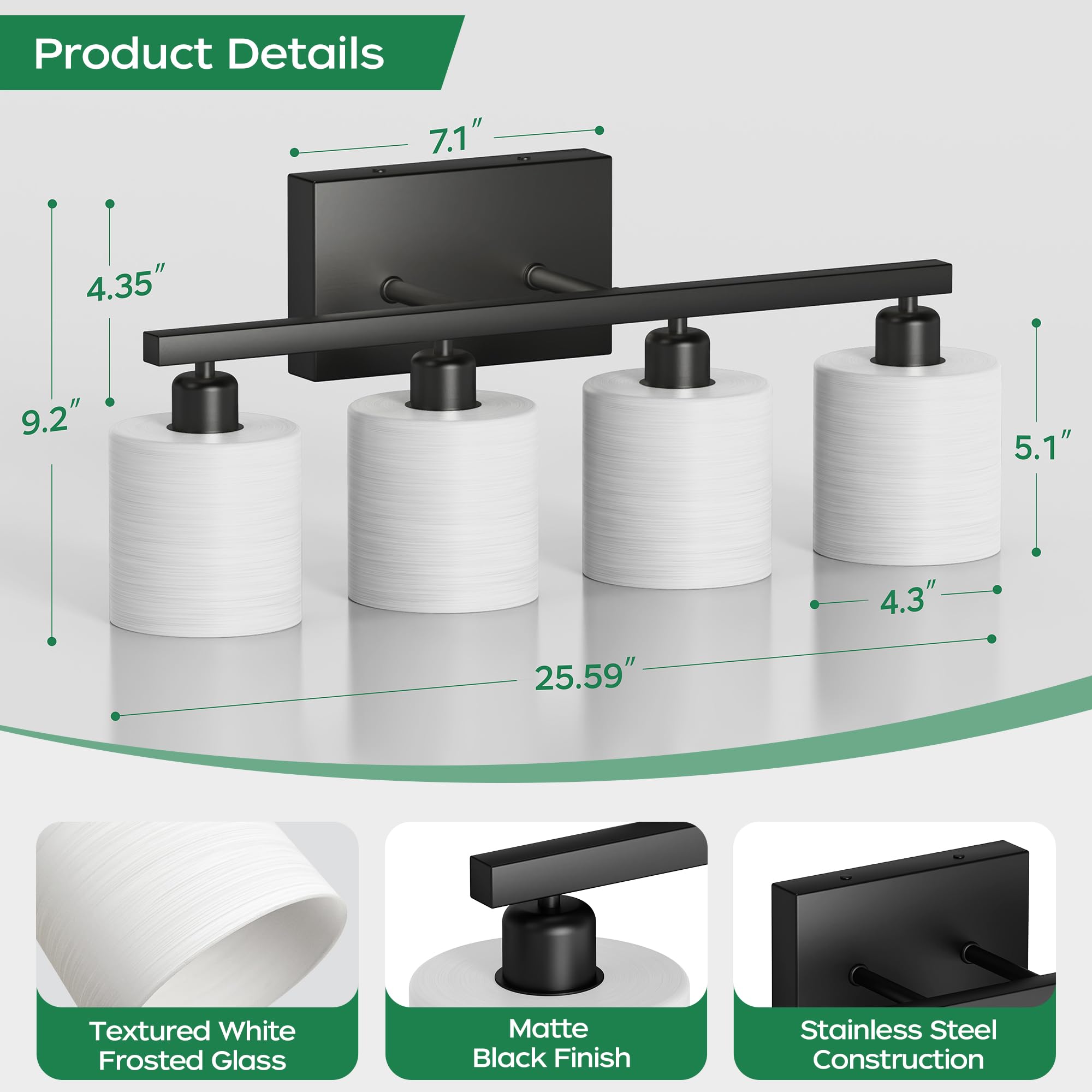 PARTPHONER Classic Vanity Light, 4-Light Modern Design, Matte Black, Textured White Glass Shade, Model PAWL201AB1