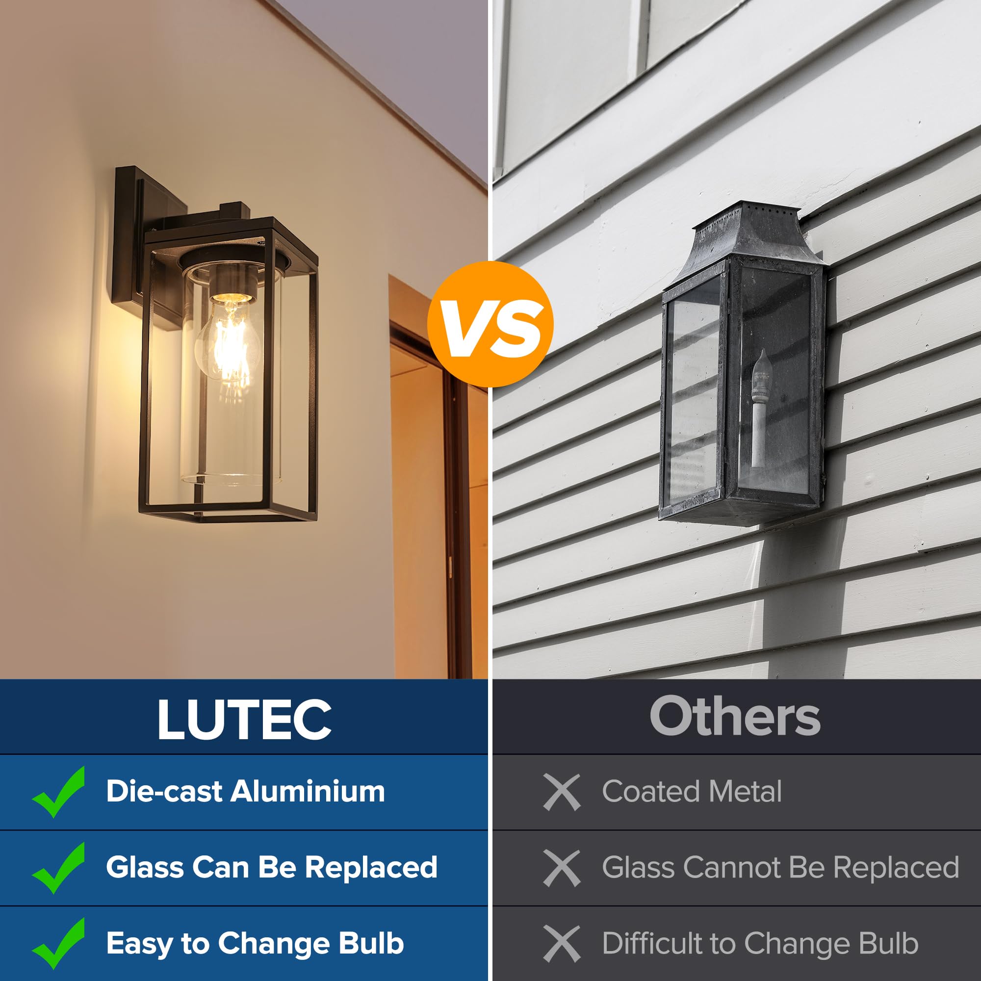 LUTEC Outdoor Wall Light Fixtures - 2 Pack Waterproof Lanterns, Modern Matte Black, Aluminum Frame, Clear Glass Shade, Model 0b1f035f