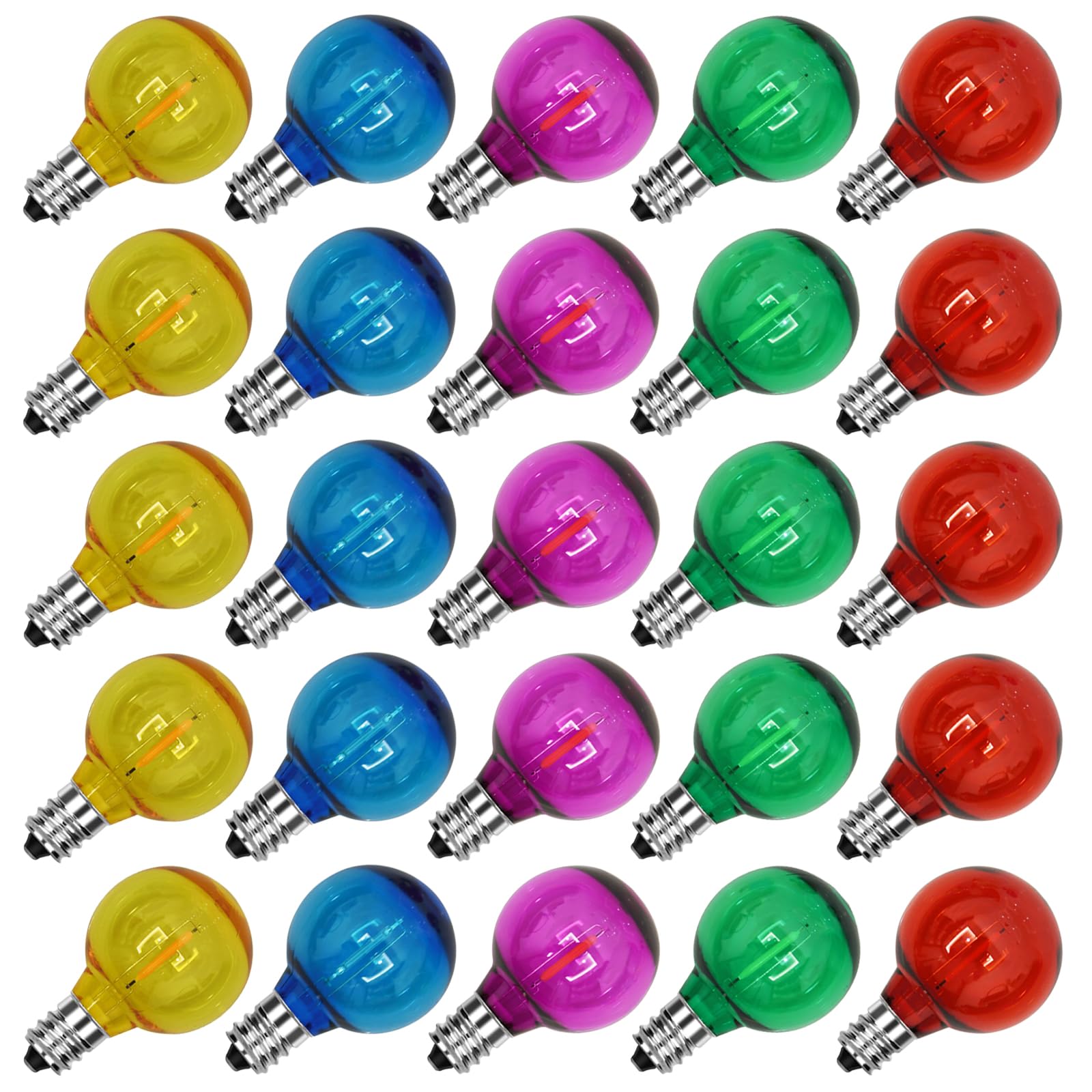 SUNSGNE G40 LED Christmas Light Bulbs, 25 Pack, E12 Base, Shatterproof, 0.6 Watt, Clear Multicolor
