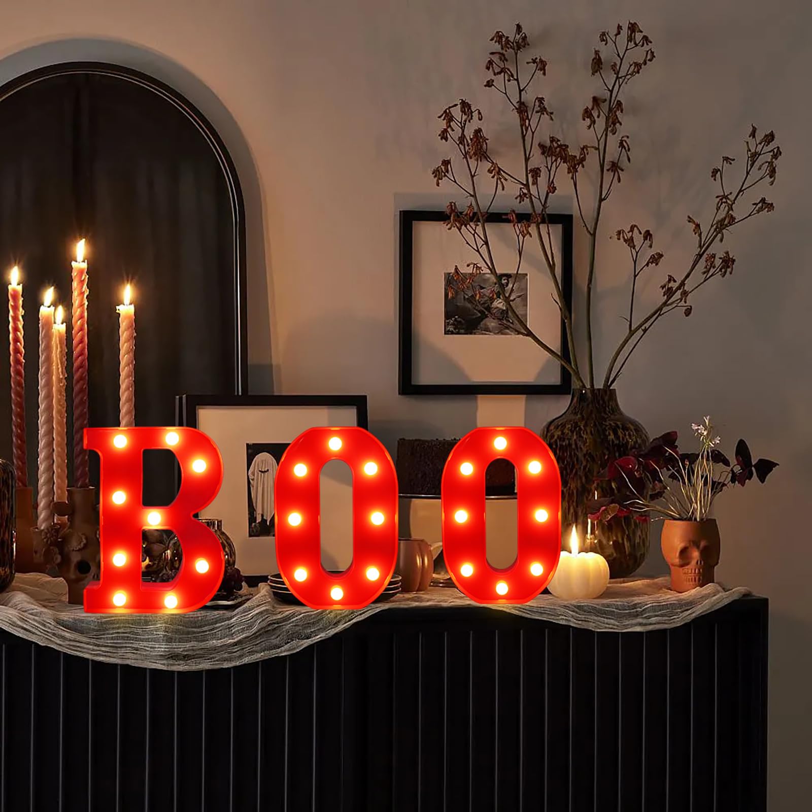 CESOF Boo Sign Light Up Halloween Decor, 8.5 Inch LED Marquee Letters, Battery Powered, Red Plastic, Model Halloween letters light-01
