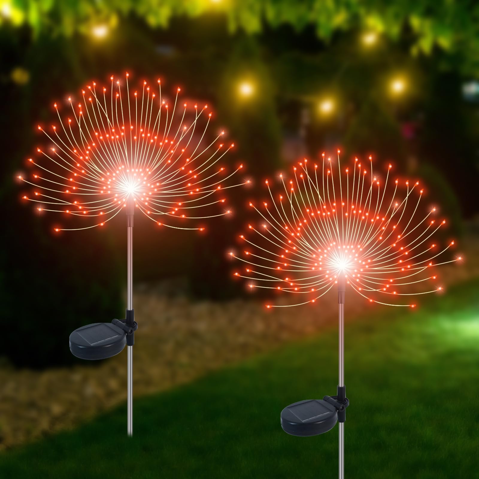Slyuexu Solar Firework Lights, 120 LED Outdoor Garden Décor, 2 Pack, Waterproof, Orange, Model YF00016