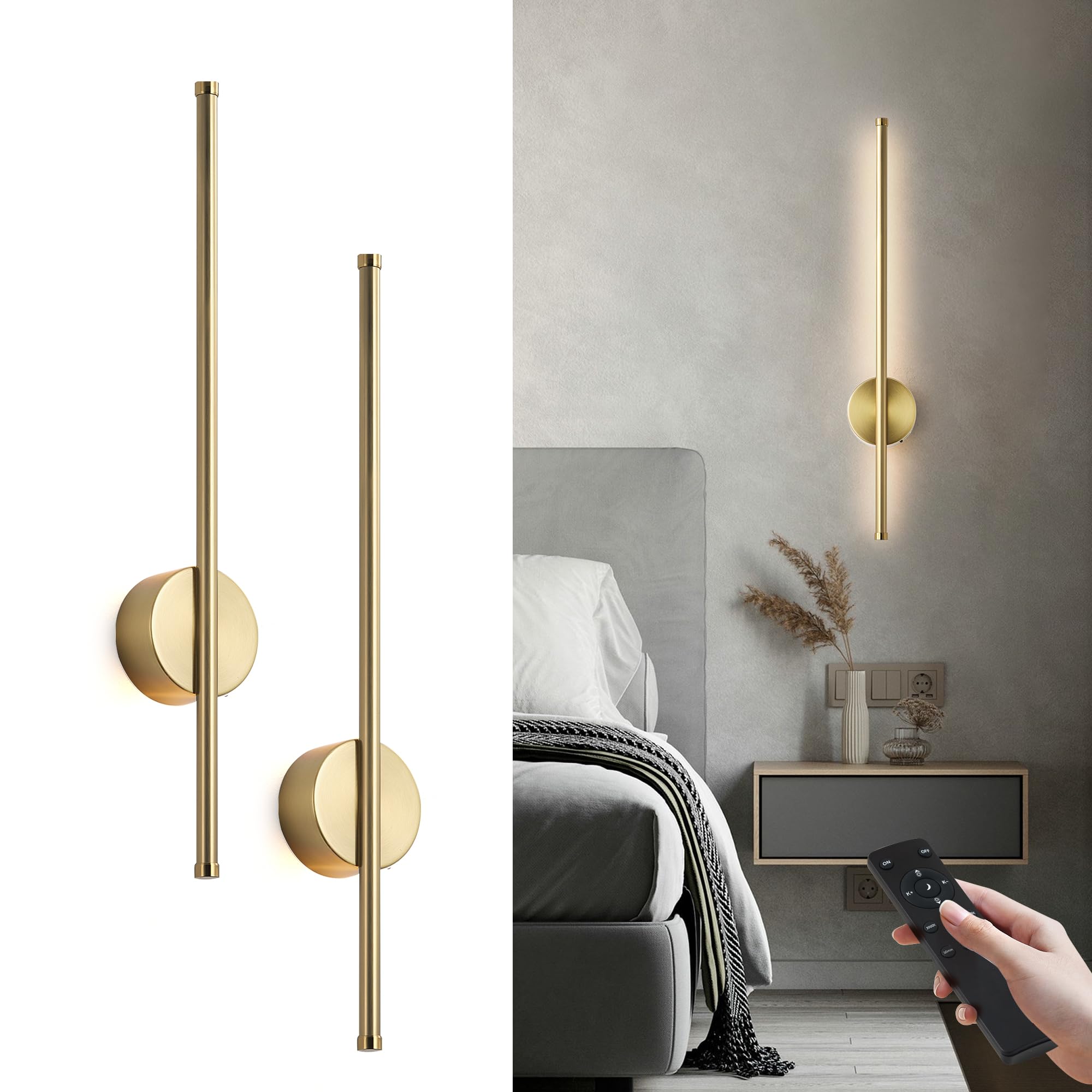 KARTOOSH Battery Operated Wall Sconces, Dimmable, 3 Color Temperatures, 23.6 Inch, Brass, Model ZM322BBS60, Set of Two