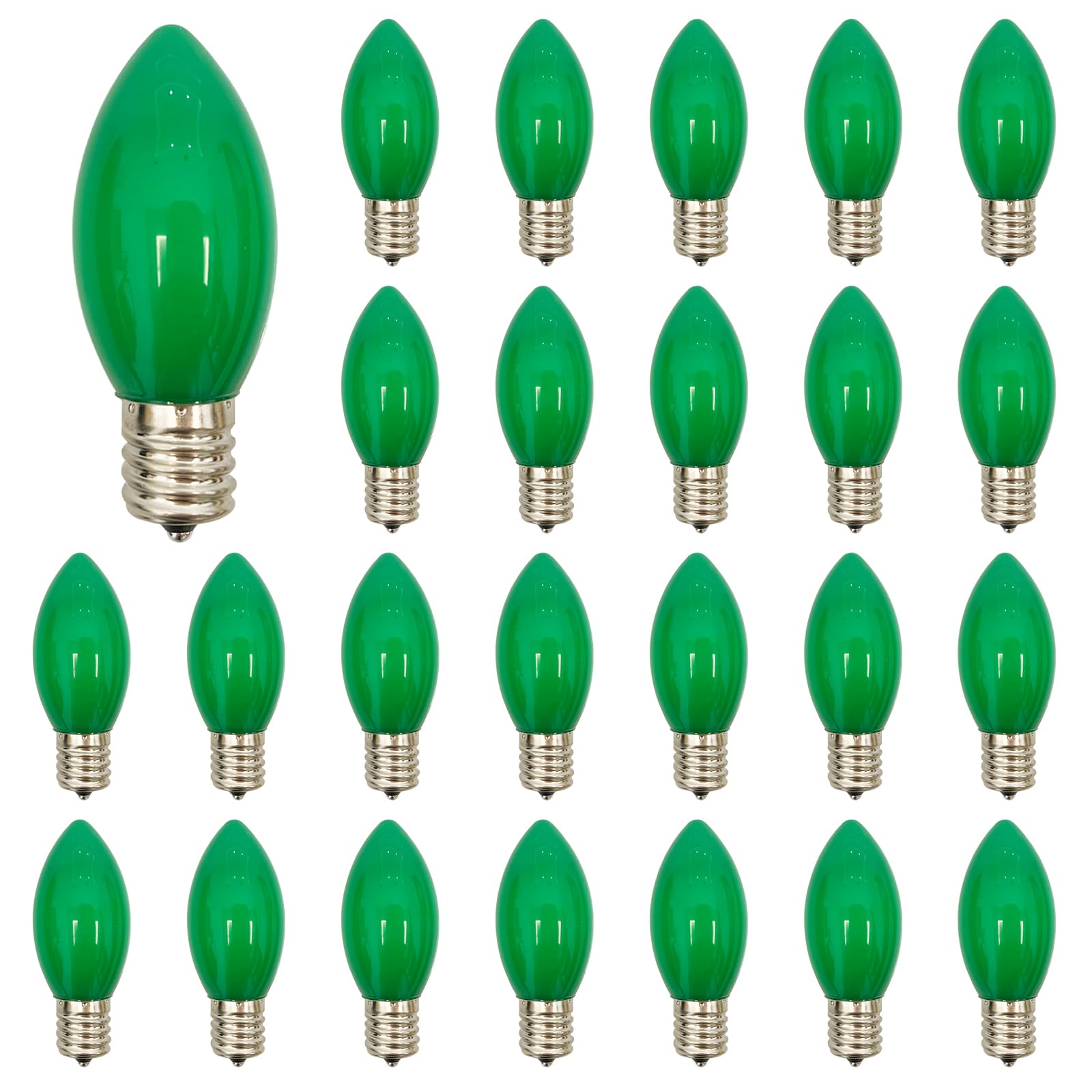 Abeja 25 Pack C9 Green Replacement Bulbs  7W Vintage Incandescent Light Bulbs for Christmas Wedding Patio St. Patricks Day Decoration  E17/C9 Intermediate Base