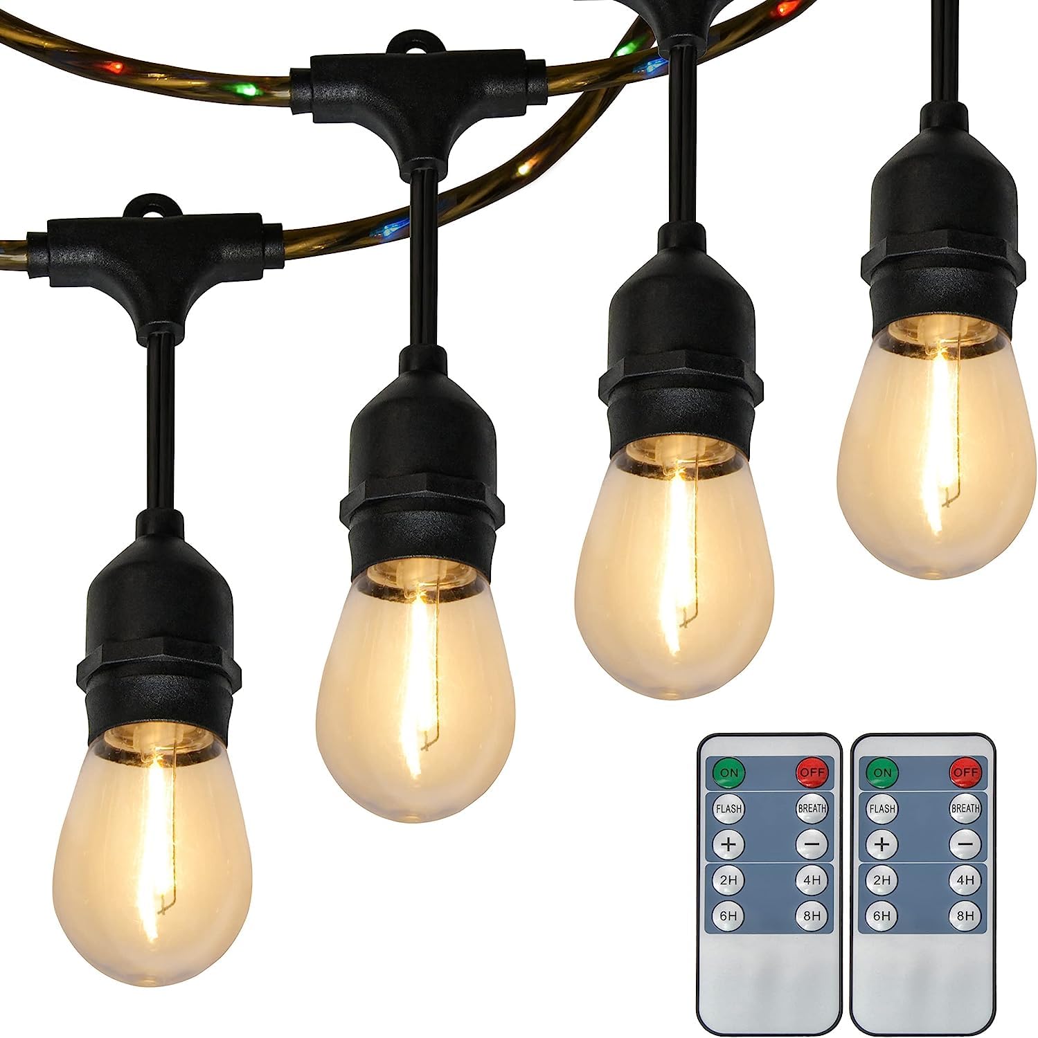 Clear Power 48ft Outdoor String Lights with 15 Shatterproof LED Bulbs, Color-Changing Light Emitting Wire, Dimmable String Light
