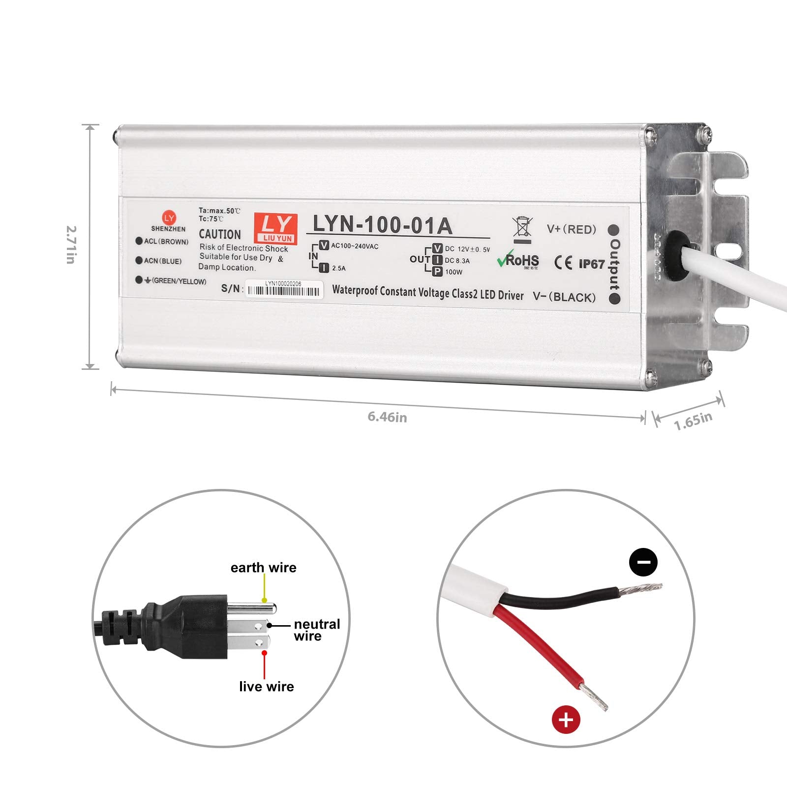 LY LIU YUN LED Driver 100W, 110V AC to 12V DC, IP67 Waterproof, 3-Pin Plug for Indoor/Outdoor LED Light Bars