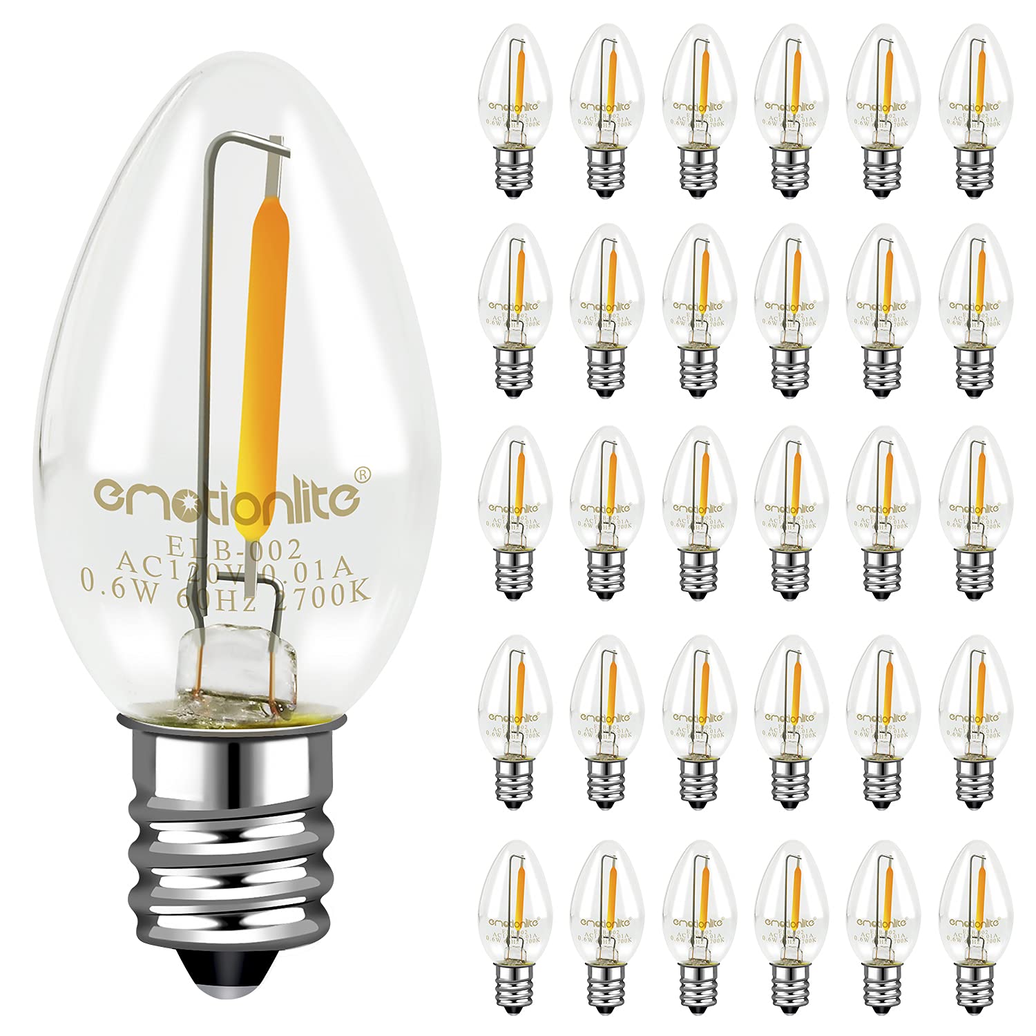 Emotionlite Night Light Bulbs, LED C7 Bulb, E12 Candelabra Base, Salt Lamp and Nightlight Replacement Bulb, 0.5W, Warm White 2700K, 50LM, 30 Pack