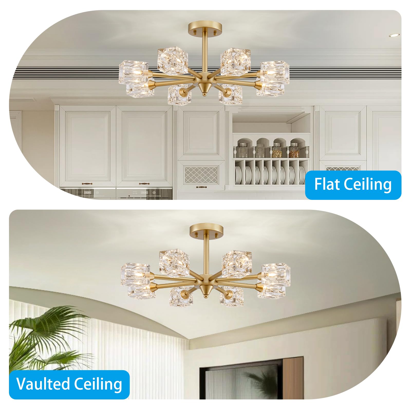 XINGQI Semi Flush Mount Ceiling Light, 8 Lights Gold Metal Sputnik Chandelier for Bedroom, Dining Room, Kitchen, Office