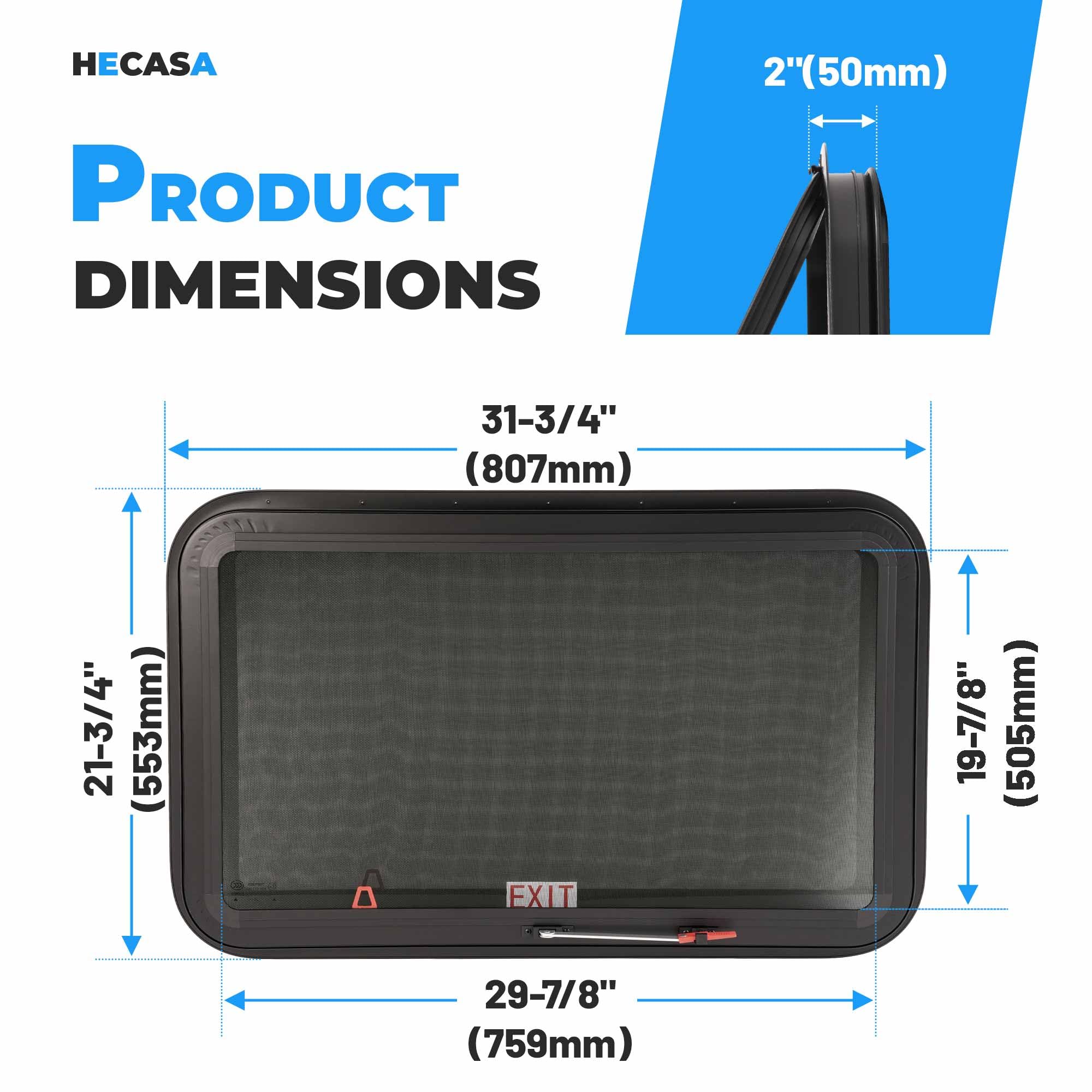 HECASA RV Emergency Exit Window 30" x 20" Tinted Glass w/Trim Ring & Screen - Model MO-5419, Aluminium & Rubber