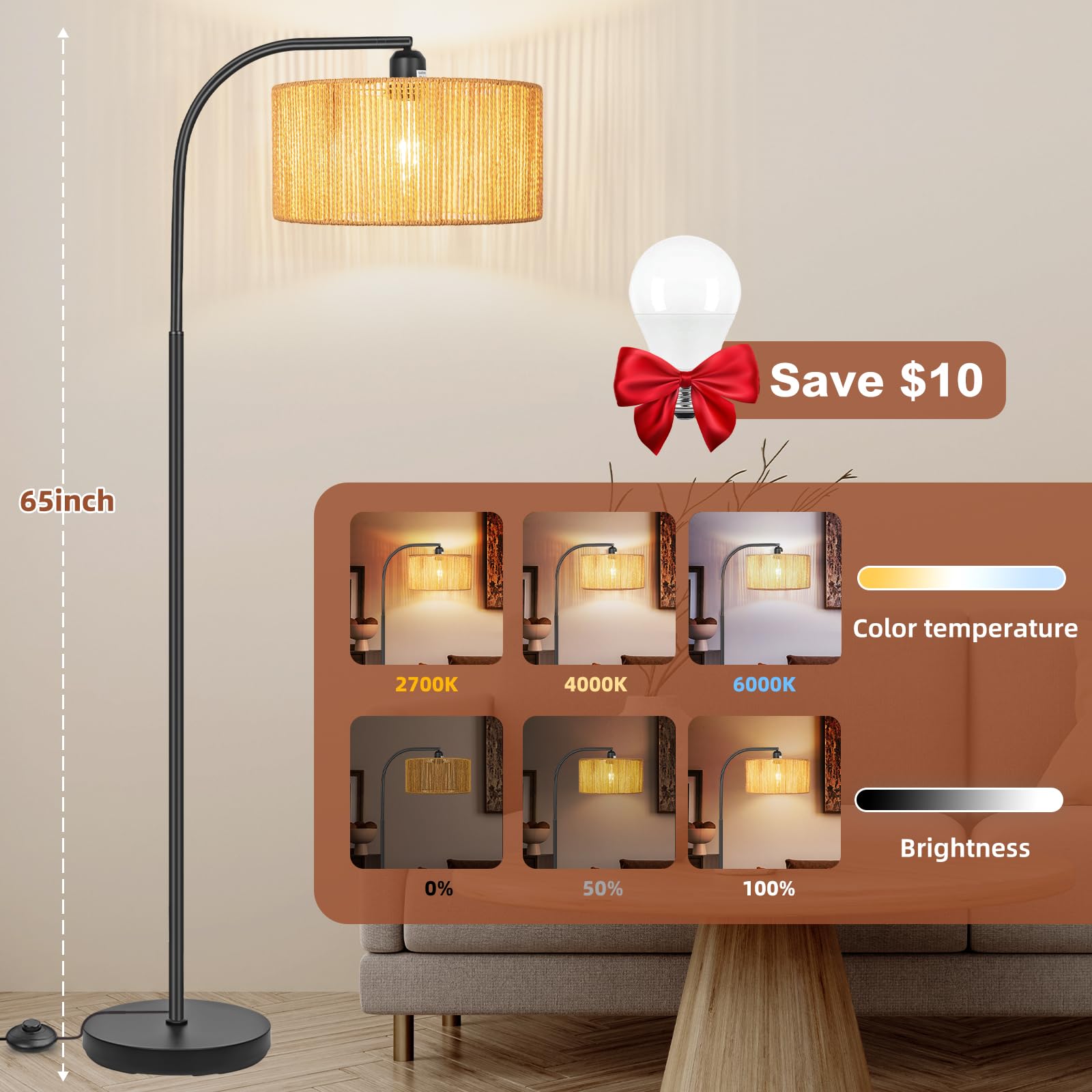 Boho Standing Lamp With Dimmable Bulb Nartual Rattan Adjustable Lampshade, Black Modern Farmhouse Rattan Floor Lamp For Living Room, Bedroom, Office, Classroom