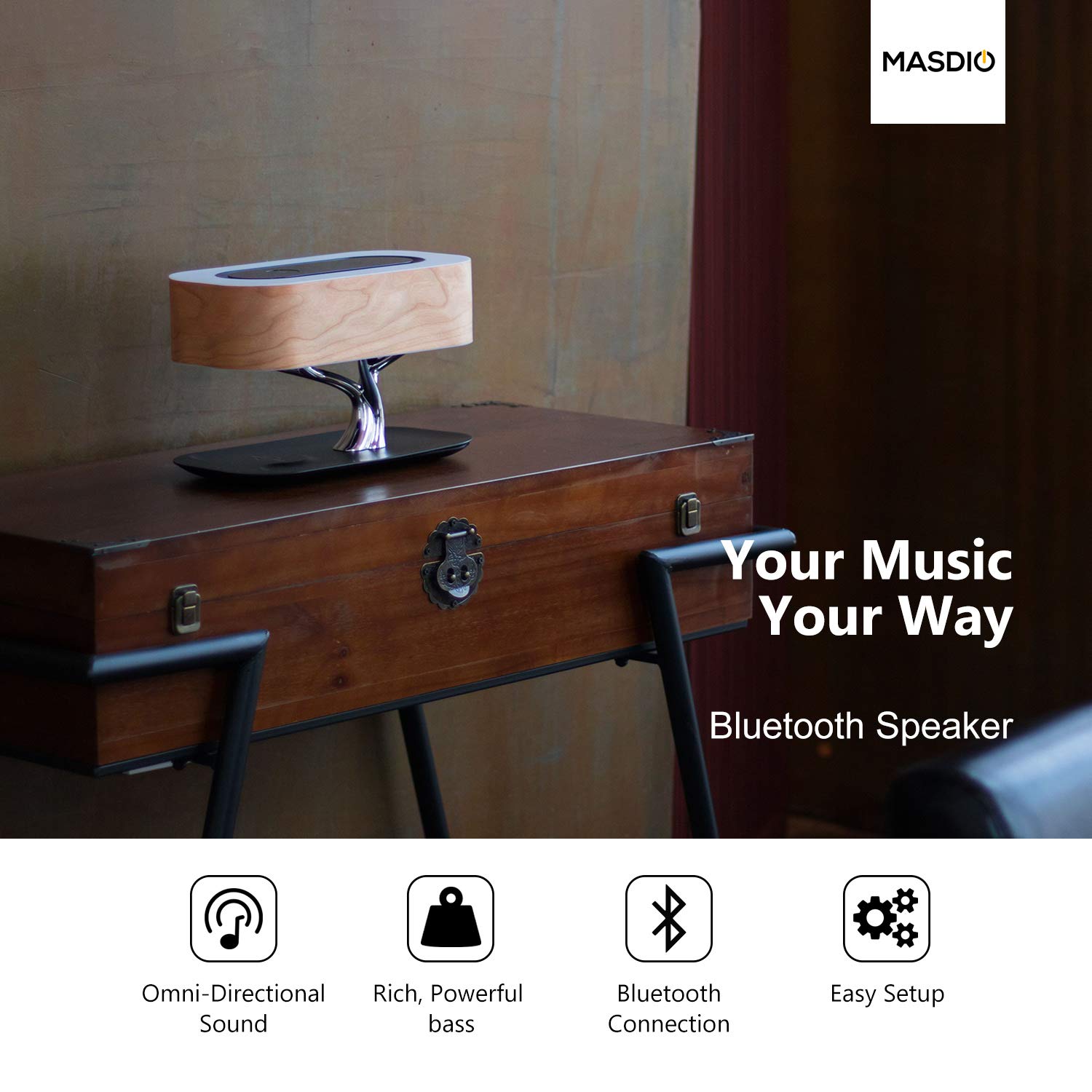 AMPULLA Masdio Bedside Lamp with Bluetooth Speaker & Wireless Charger, Stepless Dimming, Light of Tree(Plus)