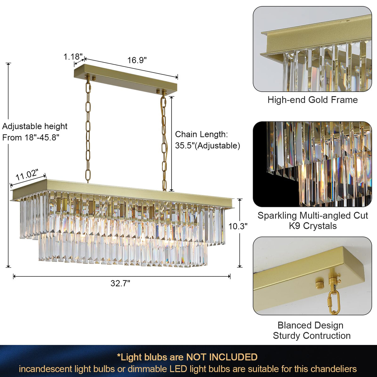 A Axilixi Rectangular Crystal Chandelier Gold For Dining Room Modern C ...