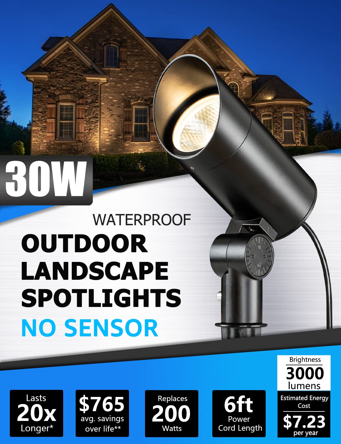 SUNVIE 30W LED Spotlight Flood Light - 3000LM Warm White, Aluminum, Black, 6FT Cord, 2 Pack for Outdoor Flag, Tree, Garden Lighting