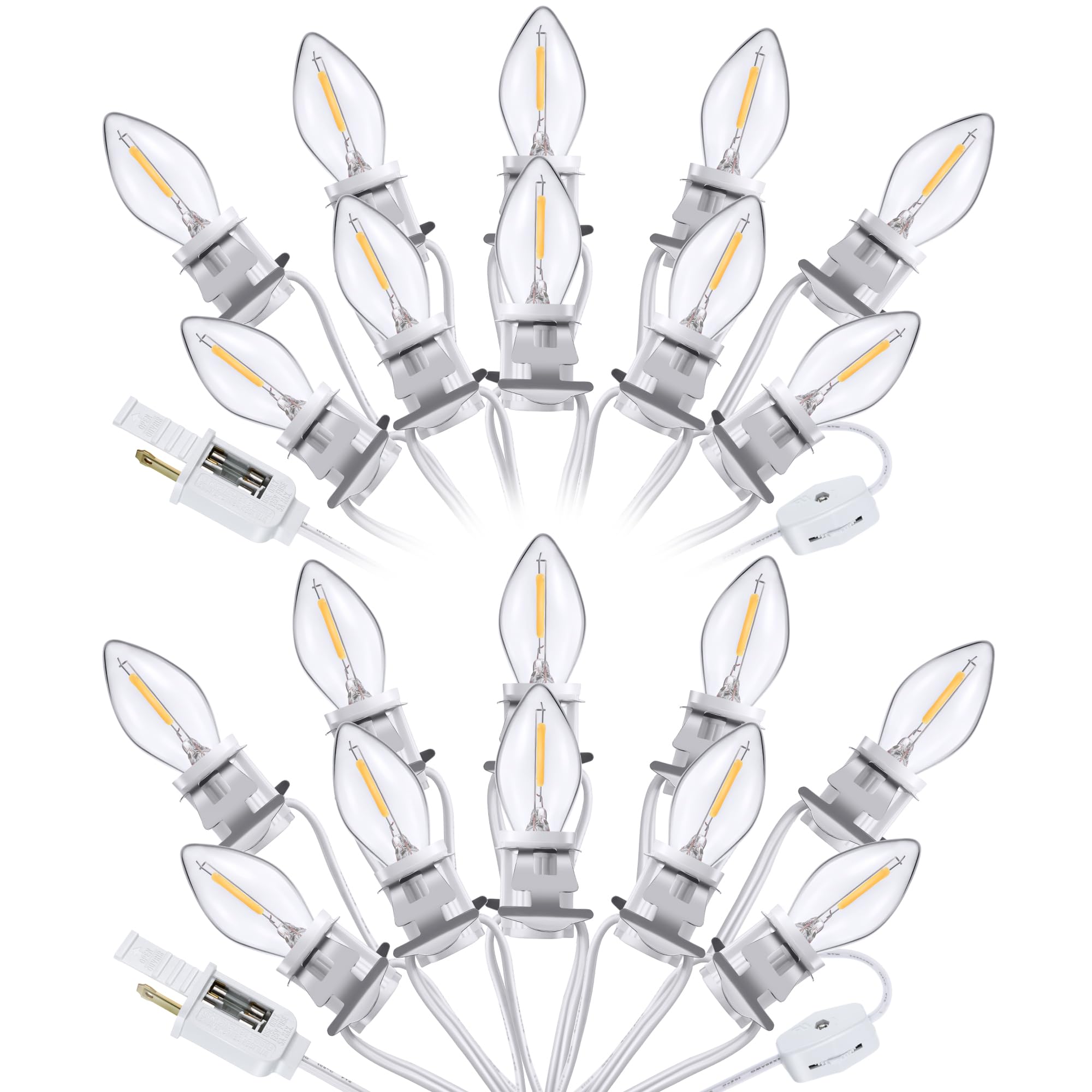 Meonum 2 Pack Accessory Cord with 20 LED Light Bulb C7 Cord Clip Christmas Village Lights with Double Spare Fuse Blow Mold String Lights Decoration for Xmas Village House Pumpkin Crafts
