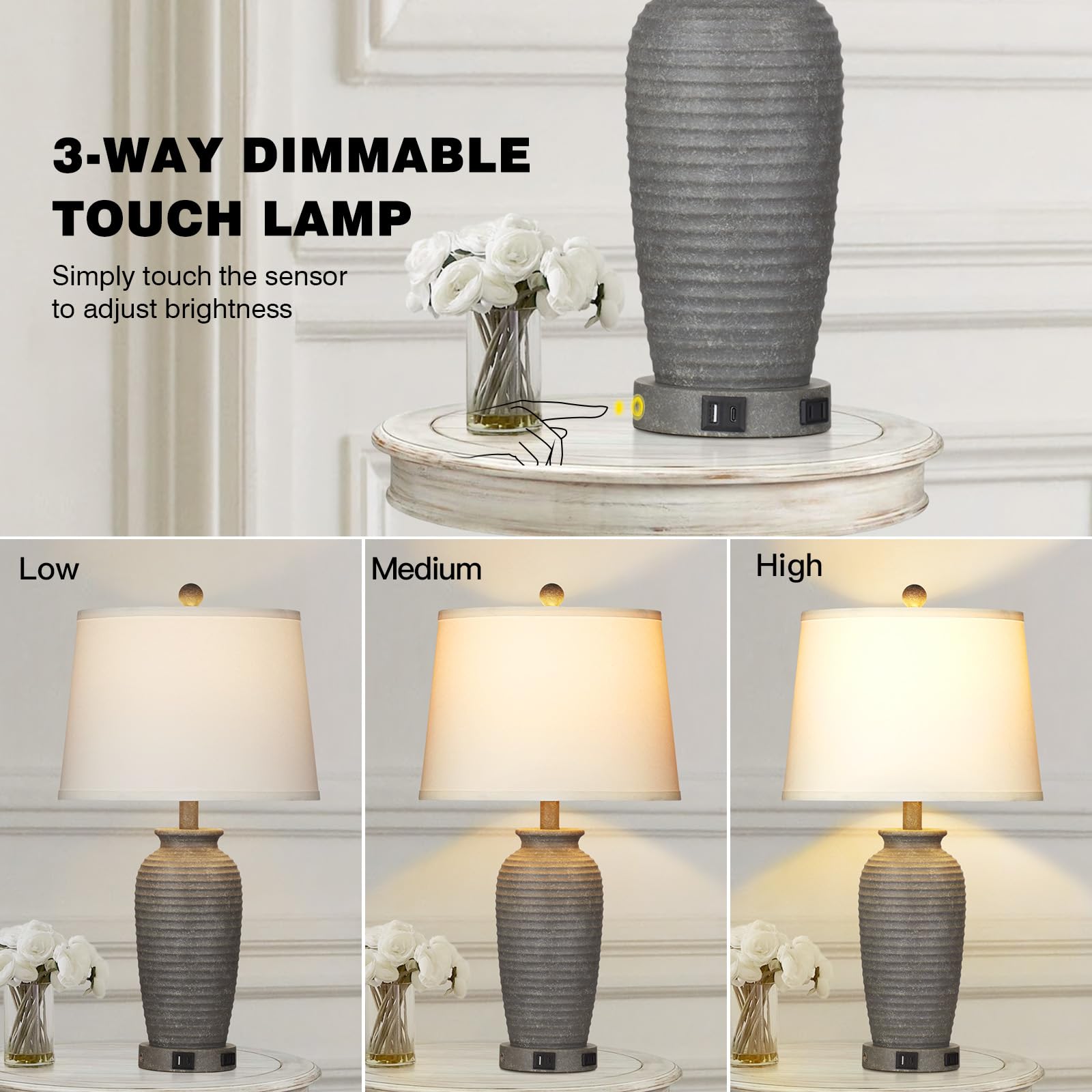 25 Farmhouse Jar Table Lamps, 3 Way Touch Control Rustic Bedside Lamps With Usb A+C Ports & Ac Outlet, Pot Nightstand Lamps For