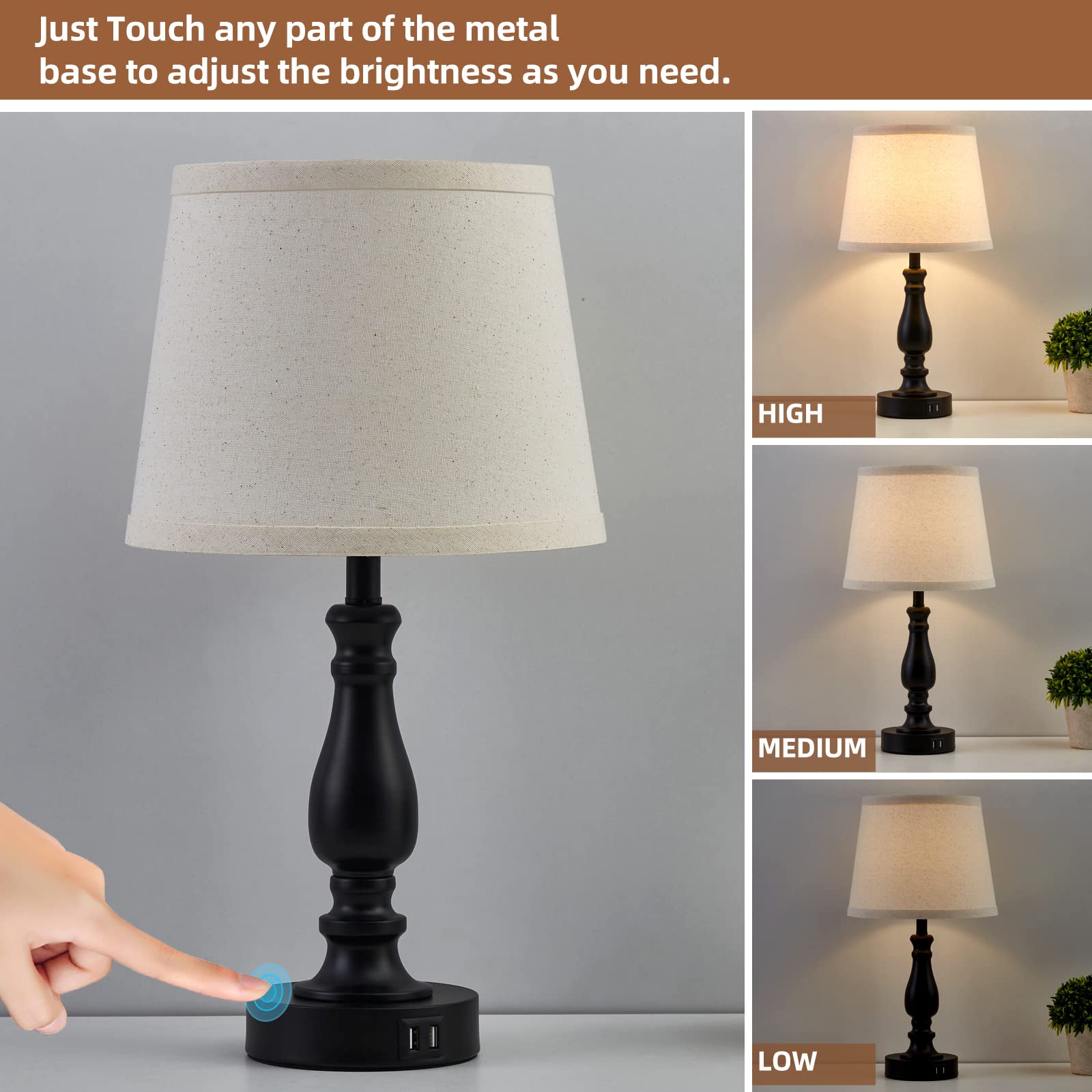 EJIAXIN Touch Bedside Table Lamps Set of 2, 3 Way Dimmable, USB Ports, Slub Linen Shade, Light Oat Color, Model E-98008A