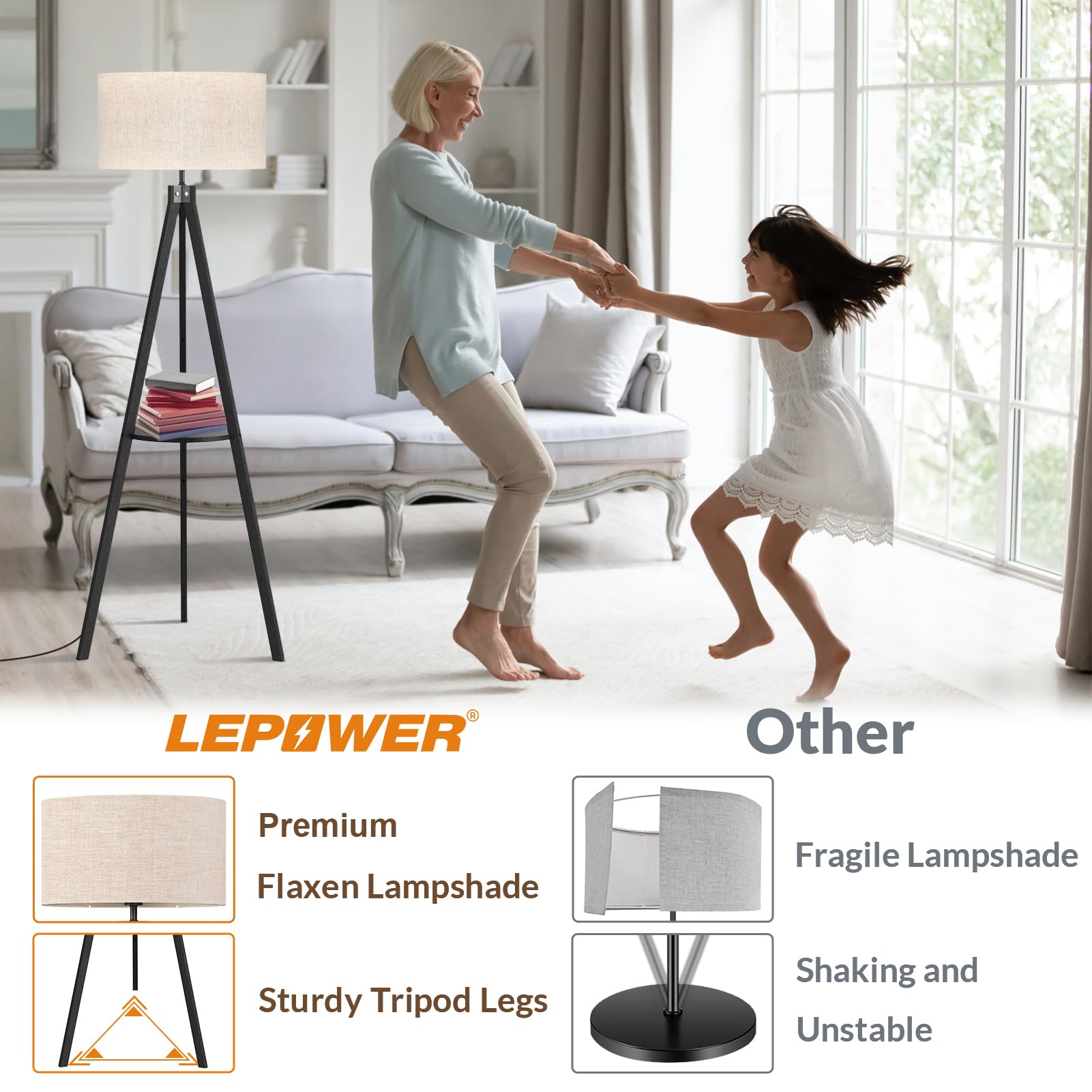 LEPOWER Tripod Floor Lamp, Mid Century Wood Design, E26 Lamp Base, Black Holder, Model UF1101