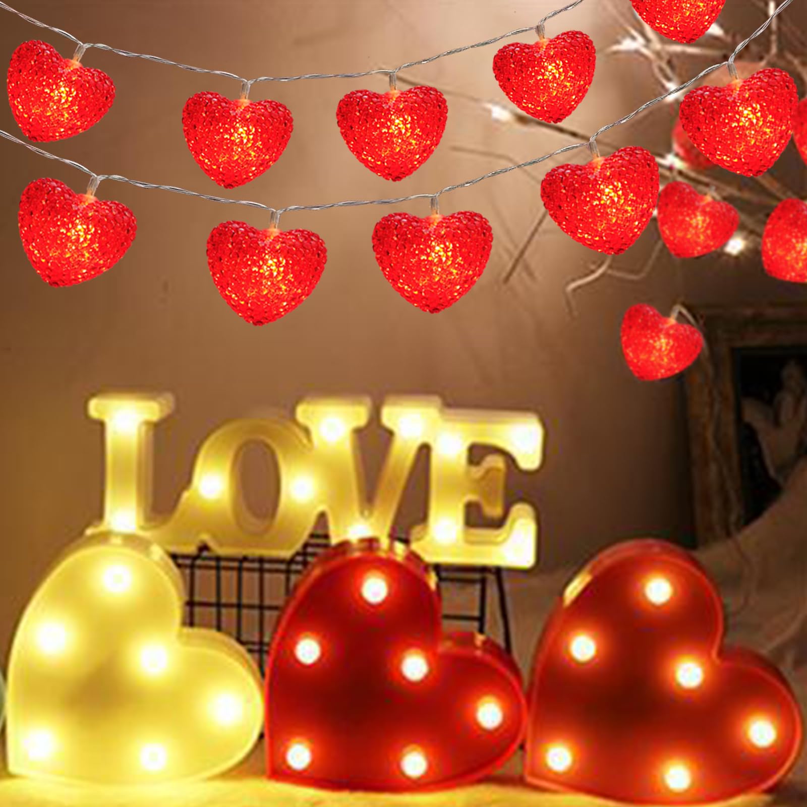 Valentines Day Lights Battery Powered 6.8Ft 10 LED Shatterproof Red Heart String Lights with Remote Timer, Outdoor Valentine Hea