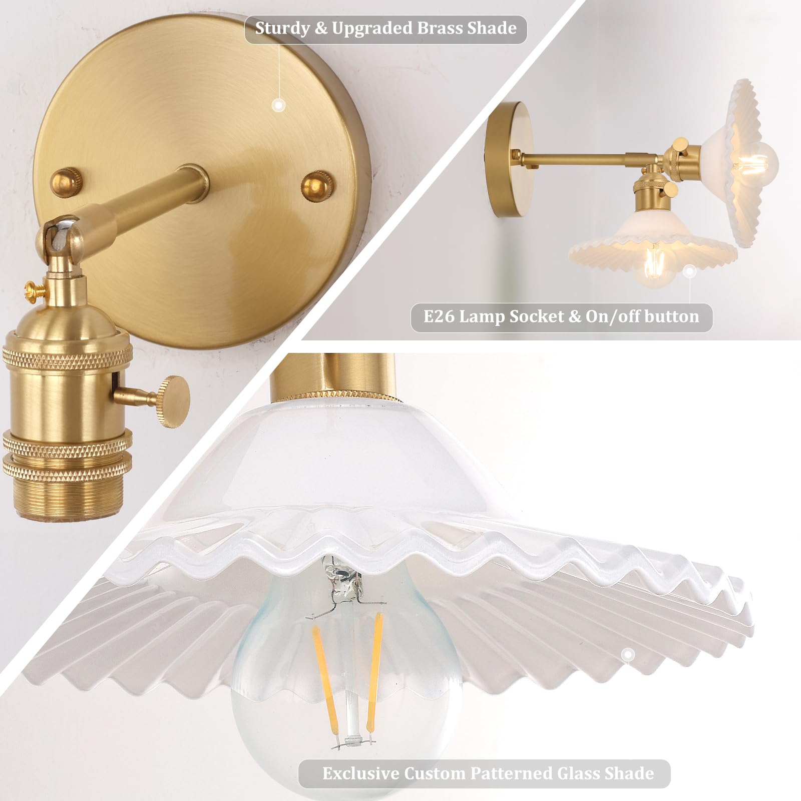 Shenmoyl Vintage Wall Sconces With White Lotus Glass Lampshade 180 Degree Adjustable Brass Sconces Hradwired Modern Wall Lighting Fixture With Switch For Bedside Bedroom Doorway