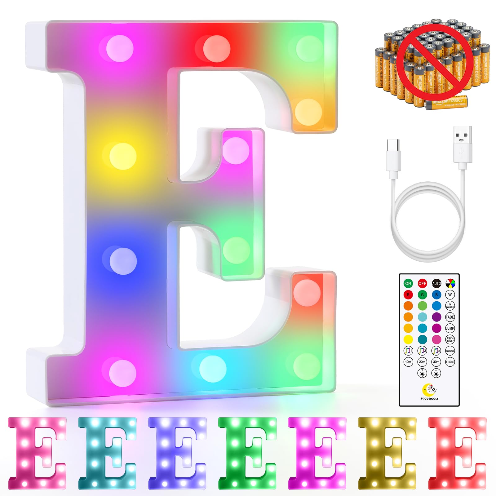 Mooncow Rechargeable Light Up Letters,Colorful Marquee Letters With Remote,Gift Wrap Gifts,Bedroom Home Bar Party Decor (E)