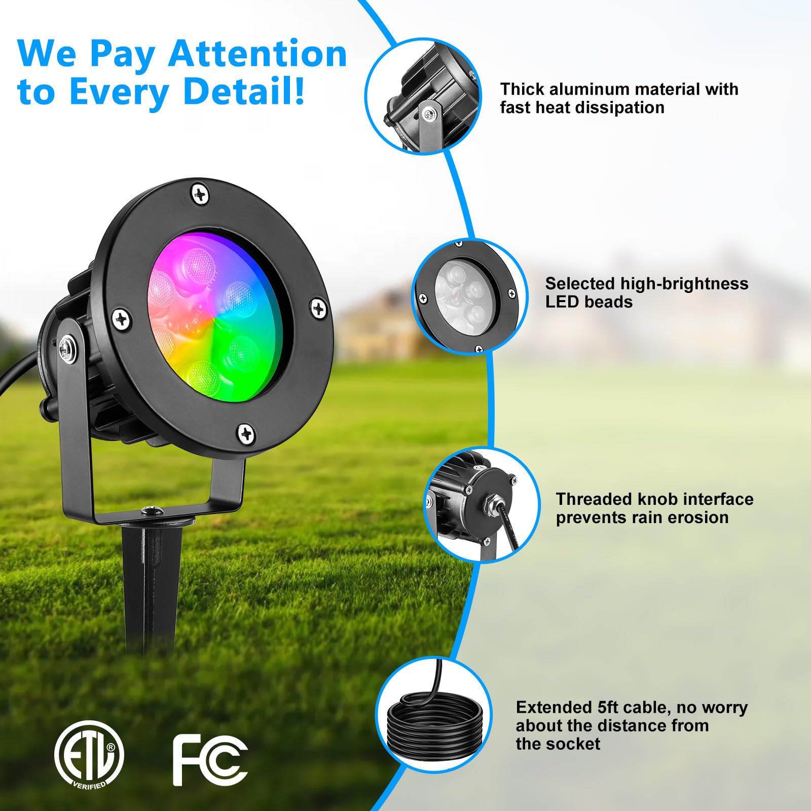 OurLeeme RGB Landscape Lights, Outdoor Spotlight with Stake,Lawn Flood Light 12W, Waterproof LED Flood Lights,Color Changing Spo